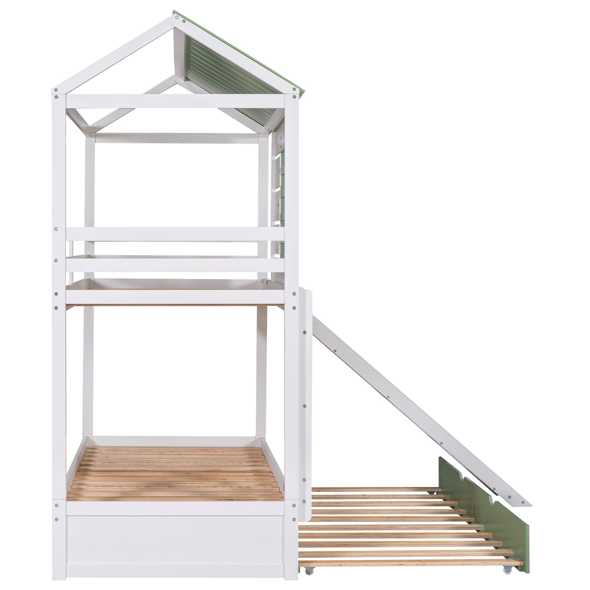 Twin over Twin Size House Bunk Bed with Convertible Slide and Trundle, White+Green - Atlantic Fine Furniture Melbourne FL