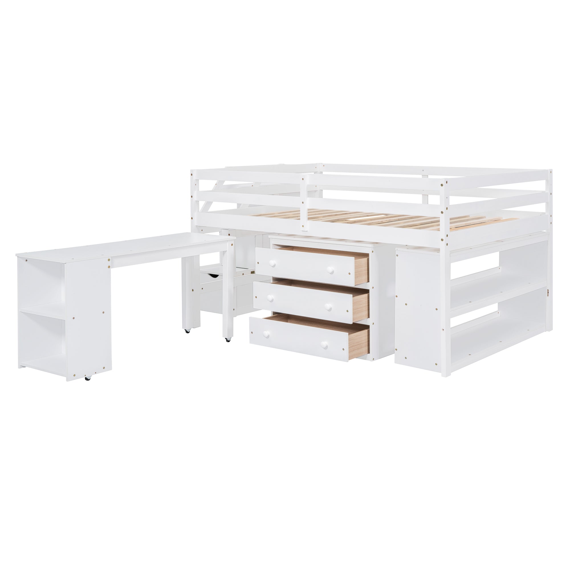 Full Size Loft Bed with Retractable Writing Desk and 3 Drawers, Wooden Loft Bed with Storage Stairs and Shelves, White - Atlantic Fine Furniture Melbourne FL