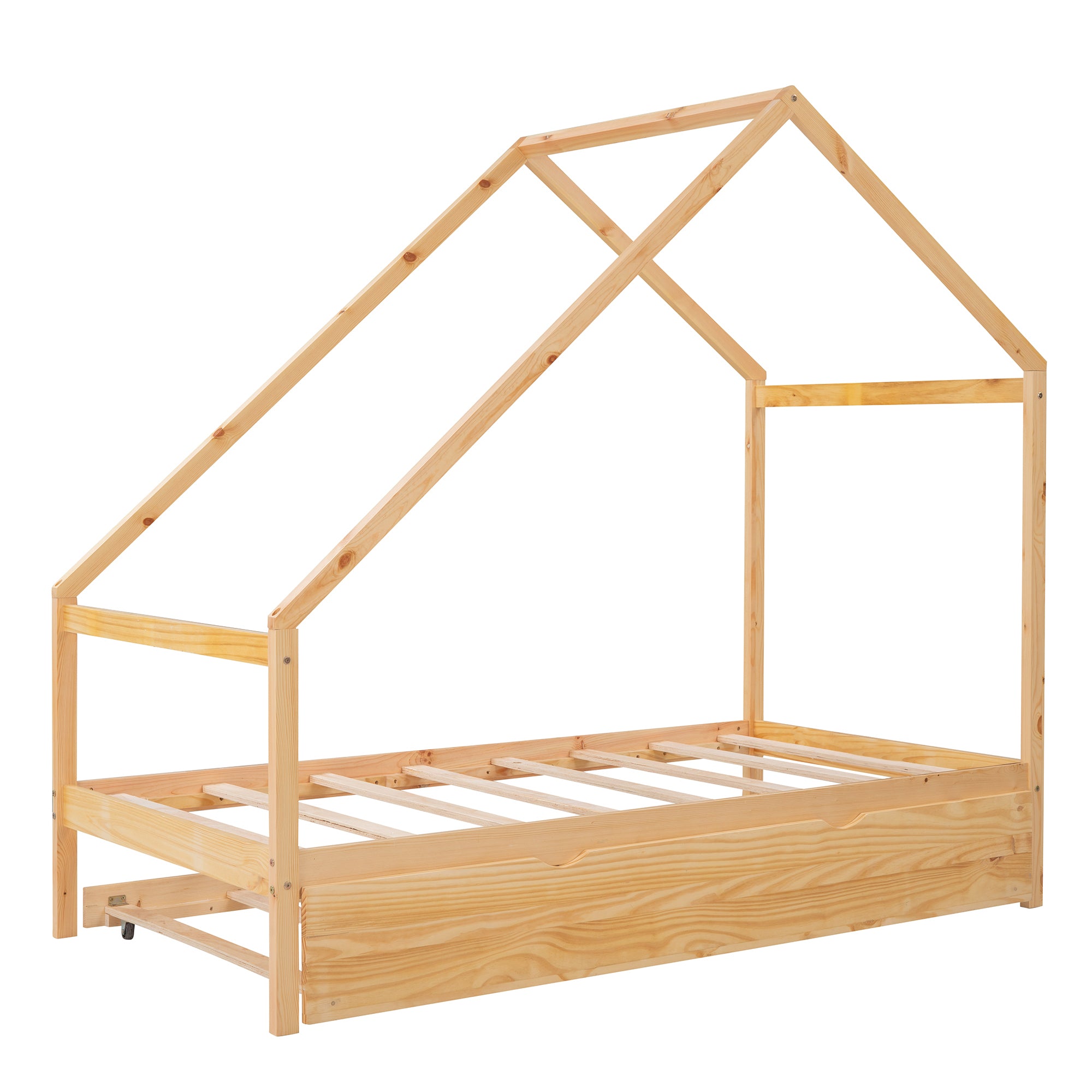 Twin Size Wooden House Bed With Twin Size Trundle, Natural - Atlantic Fine Furniture Melbourne FL