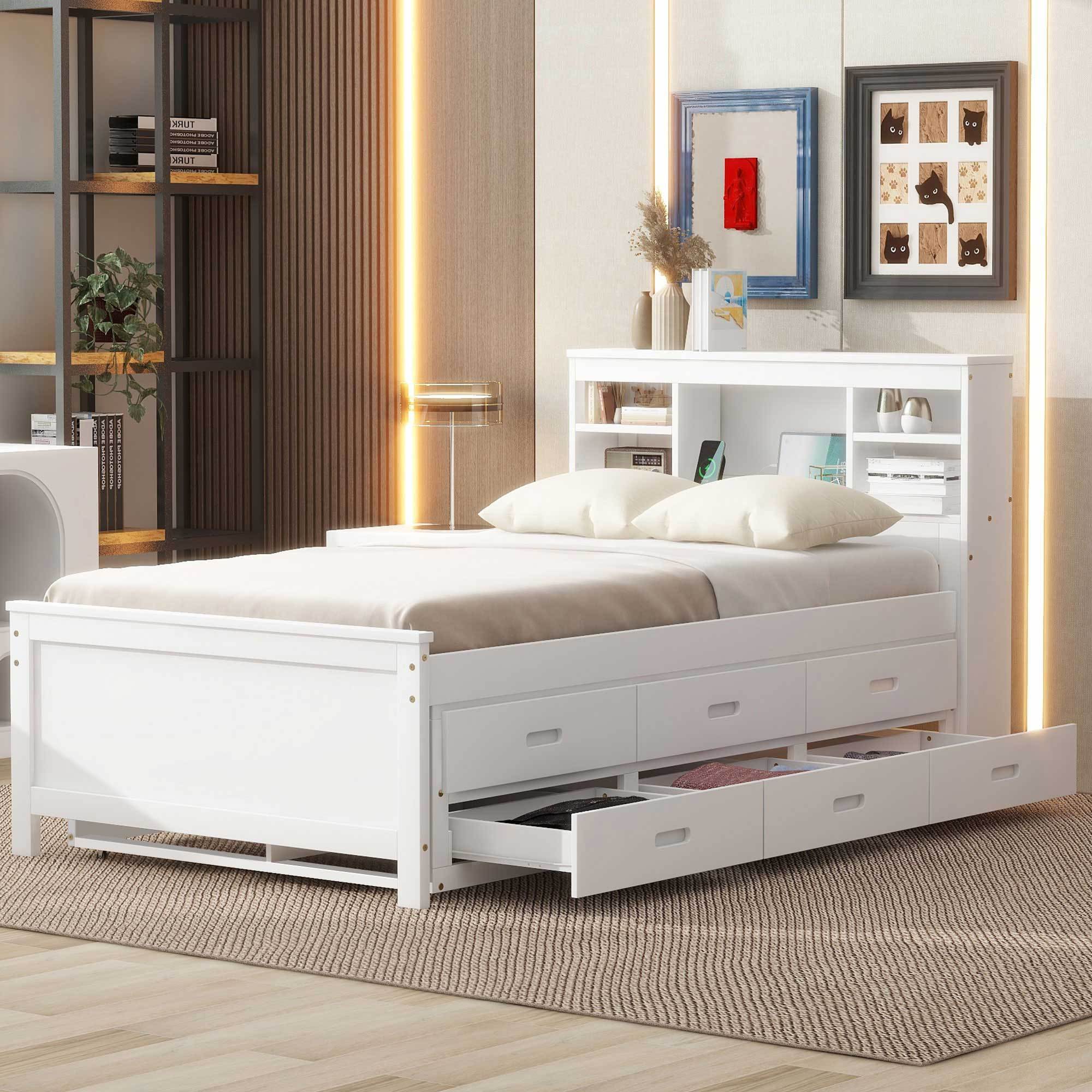 Twin Size Platform Bed with Storage Headboard, USB, Twin Size Trundle and 3 Drawers, White - Atlantic Fine Furniture Melbourne FL