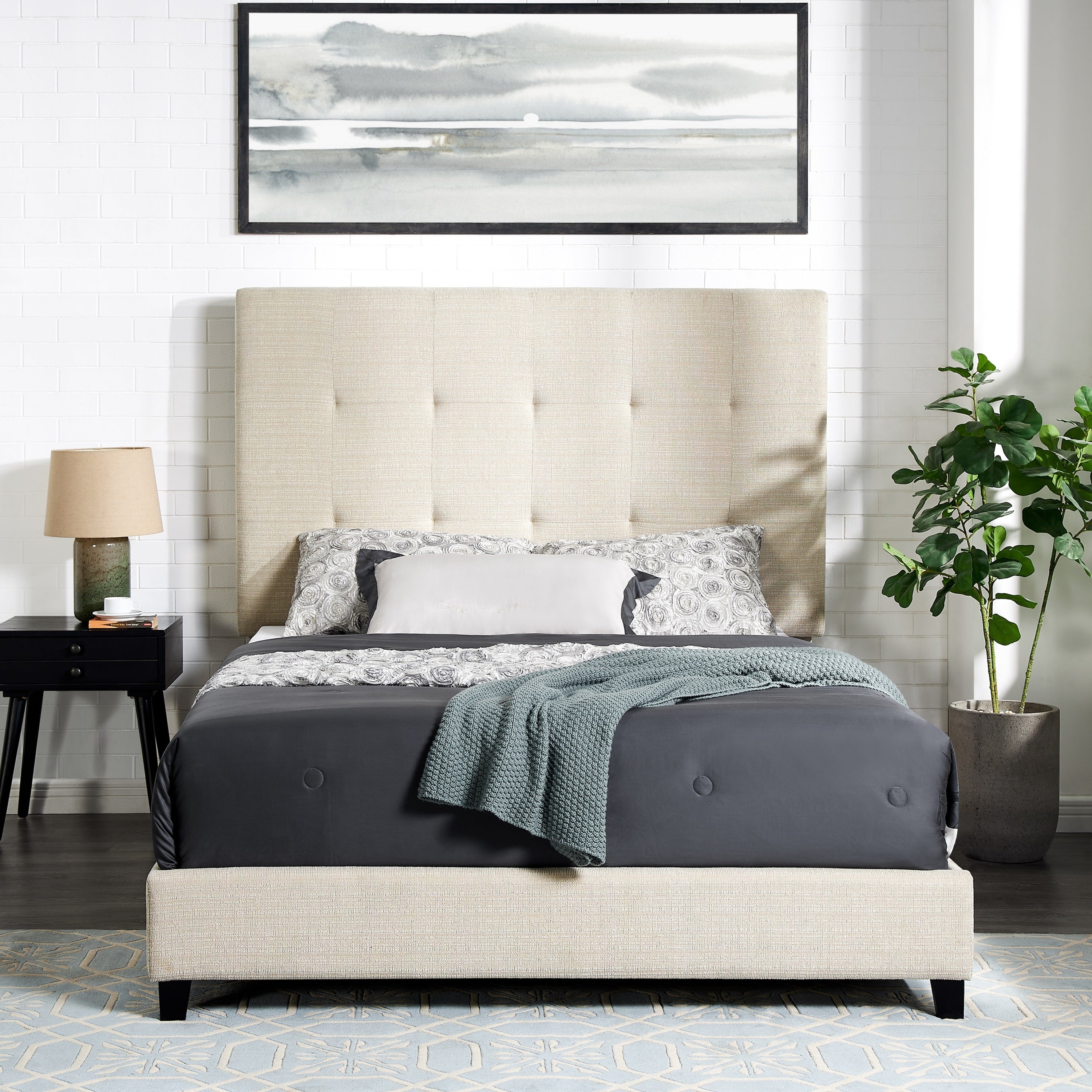 Bridgevine Home Queen Size Beige Tufted Upholstered Platform Bed - Atlantic Fine Furniture Melbourne FL