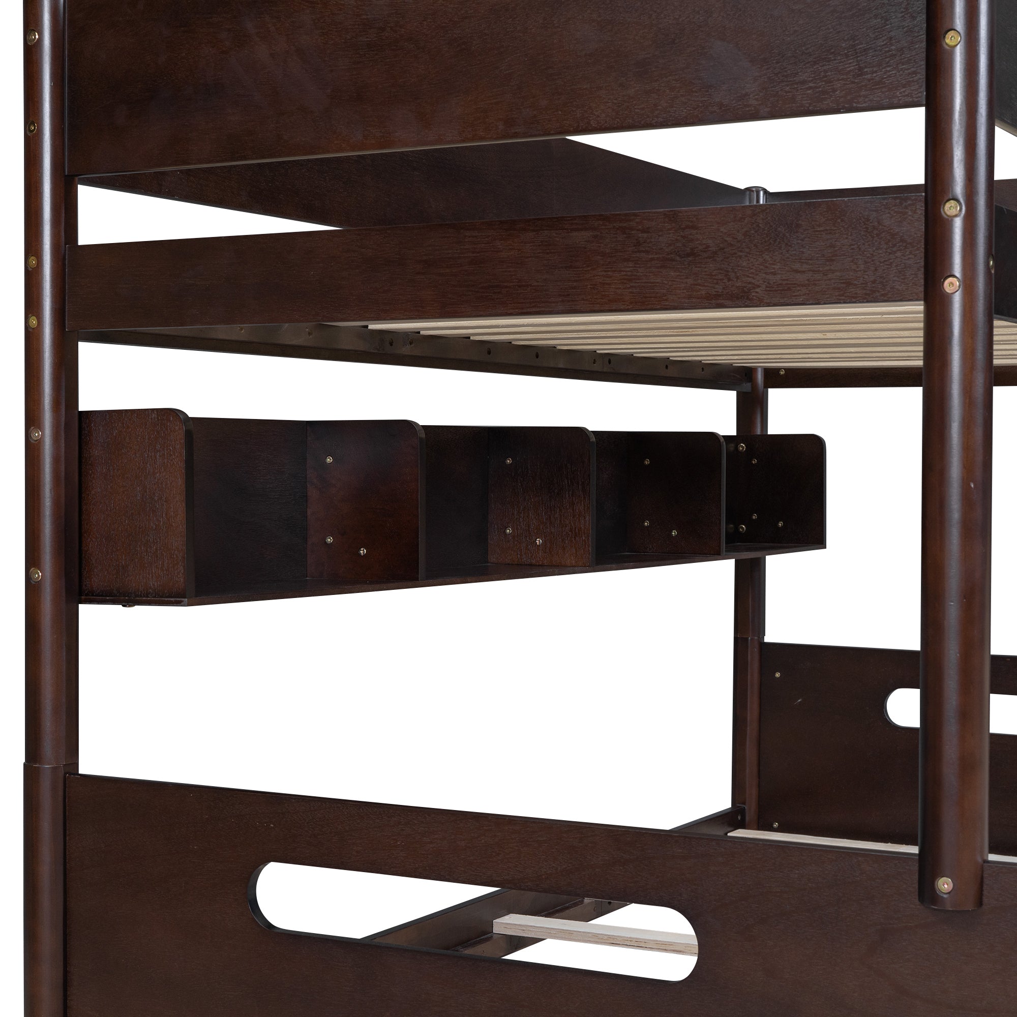 Wood Twin over Full Bunk Bed with Storage Shelves and Twin Size Trundle, Espresso - Atlantic Fine Furniture Melbourne FL