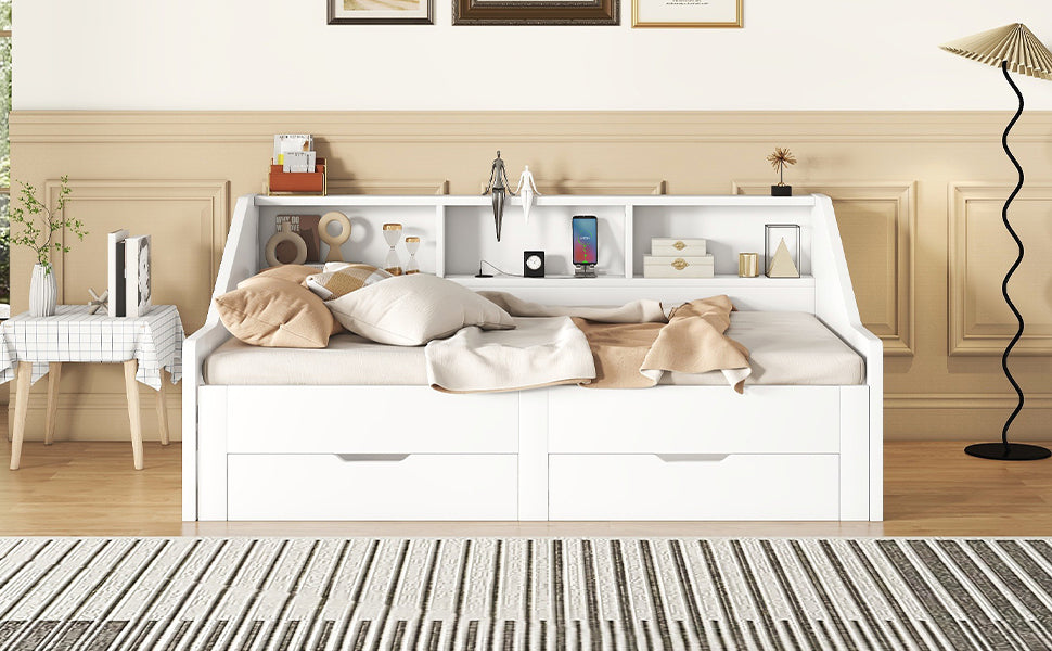 Twin to King Size Daybed Frame with Storage Bookcases and Two Drawers,Charging Design,White - Atlantic Fine Furniture Melbourne FL