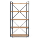Yorktown - Industrial 5 Shelf Bookcase With Metal Pipework And Solid Fir - Natural