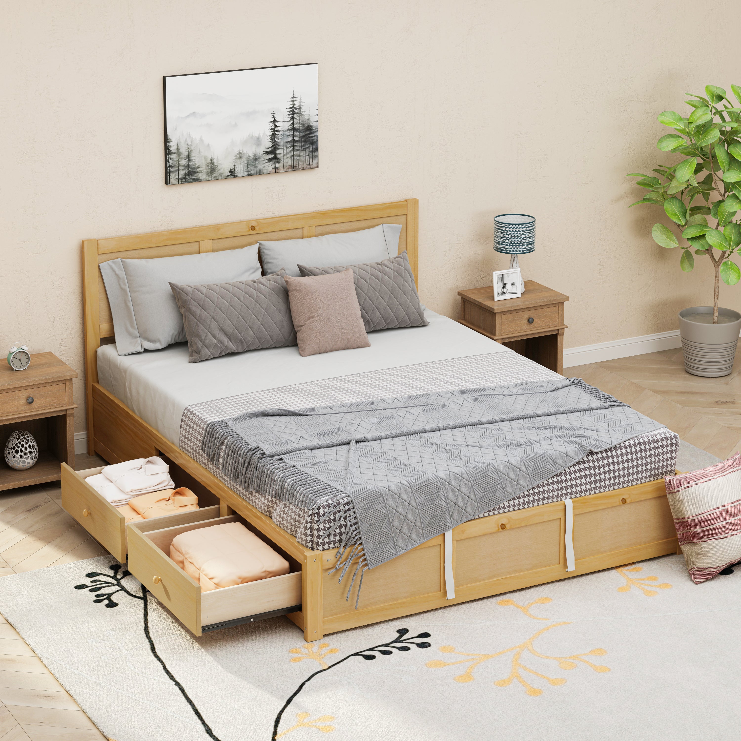 Luxury Queen Size Wood Platform Bed with Hydraulic Storage System and 2 Drawers,Streamlined Headboard & Footboard, Wood Color - Atlantic Fine Furniture Melbourne FL