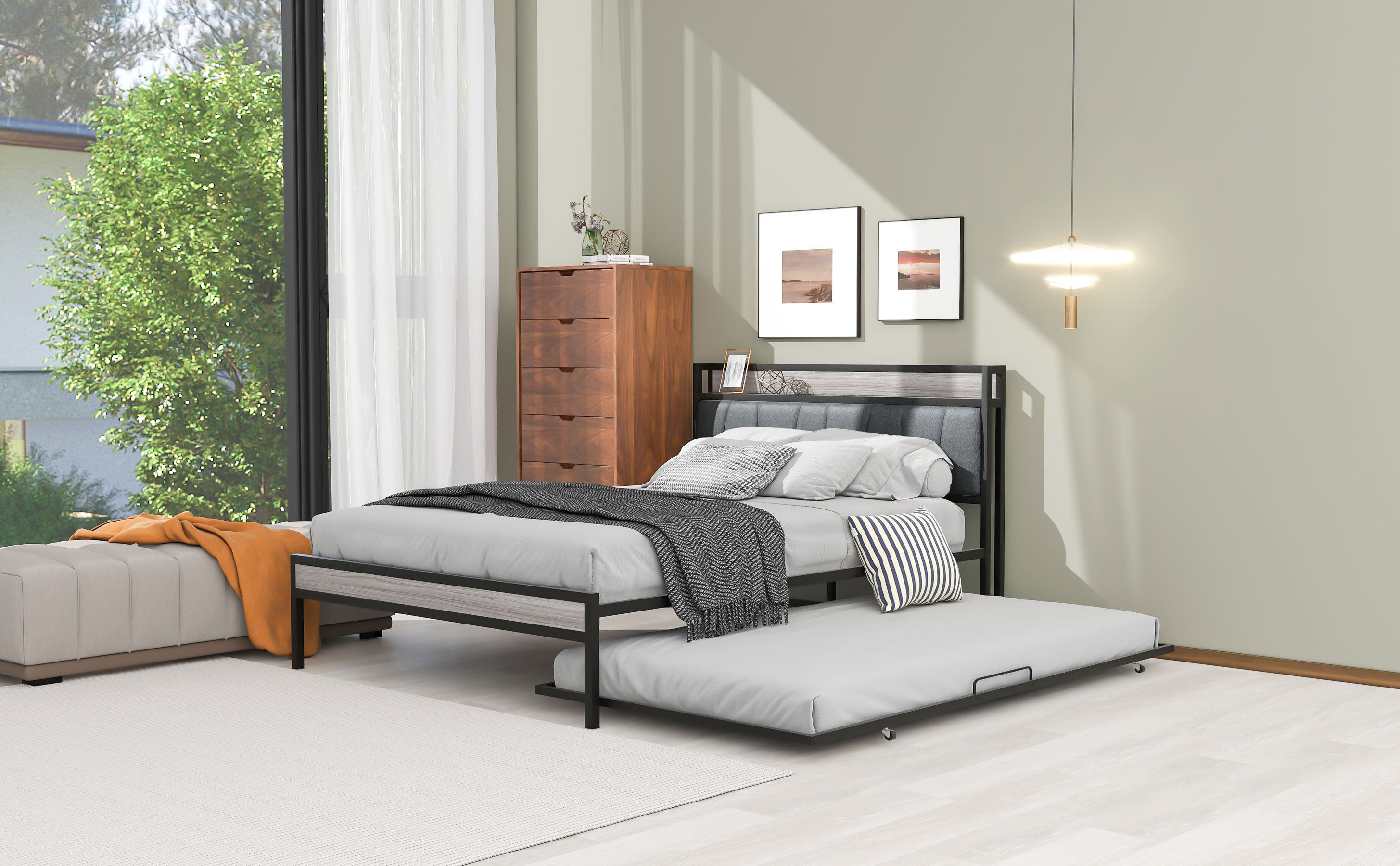 Full Size Metal Platform Bed Frame with Twin size trundle, Upholstered headboard, Sockets, USB Ports and Slat Support, No Box Spring Needed, Black