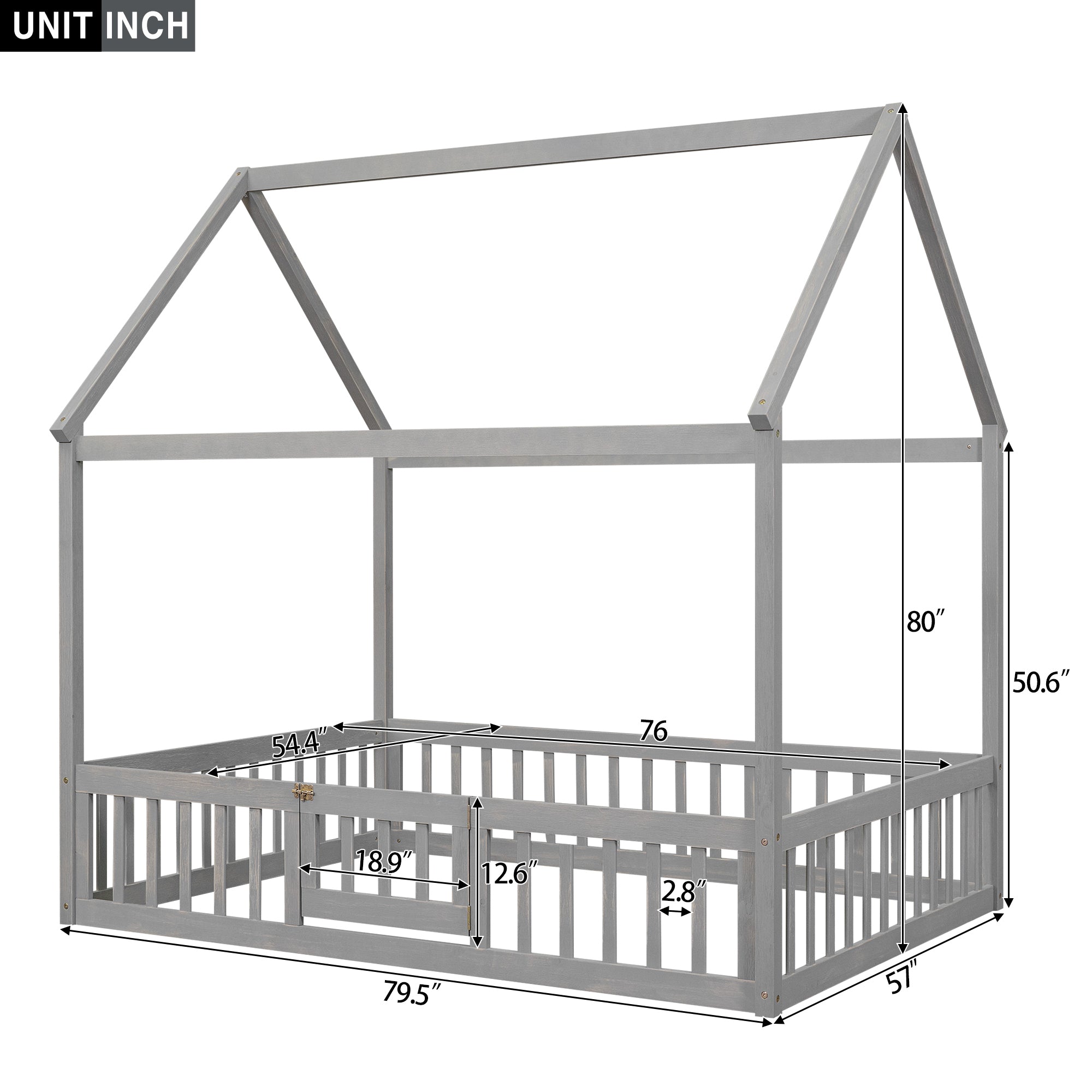 Full Size Wood House Bed with Fence and Door, Gray Wash - Atlantic Fine Furniture Melbourne FL
