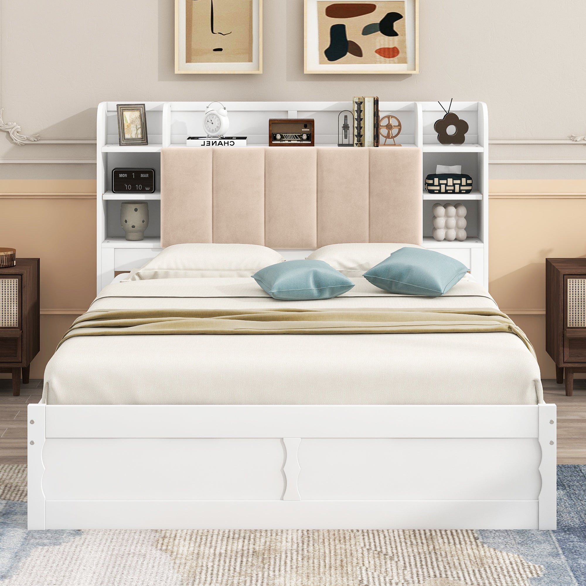 Wood Queen Size Platform Bed with Storage Headboard, Shelves and 2 Drawers, White - Atlantic Fine Furniture Melbourne FL