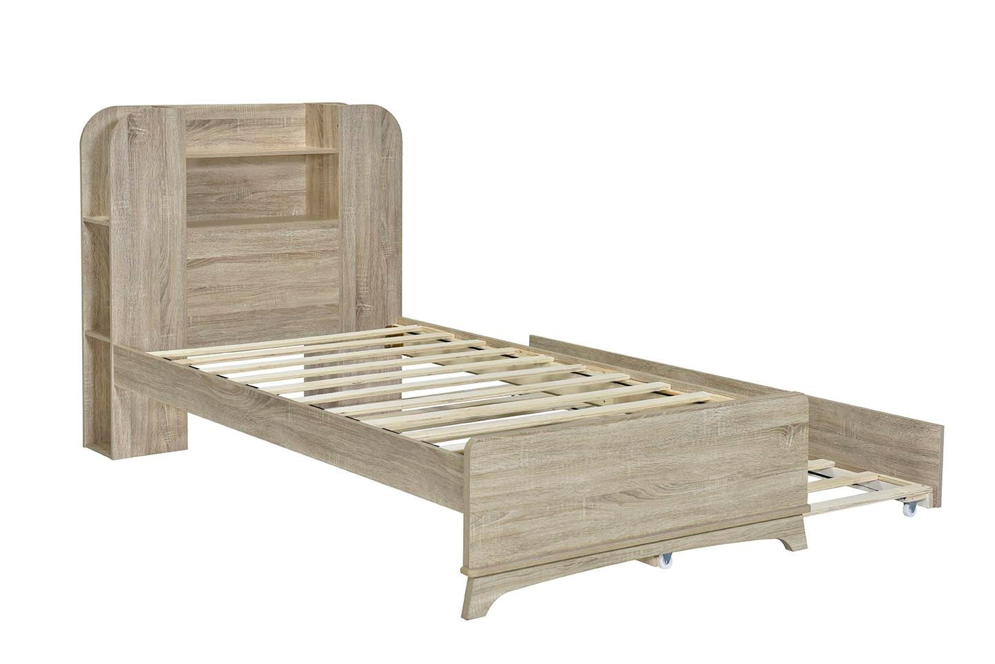 Twin Size Storage Platform Bed Frame with with Trundle and Light Strip Design in Headboard,Natural - Atlantic Fine Furniture Melbourne FL