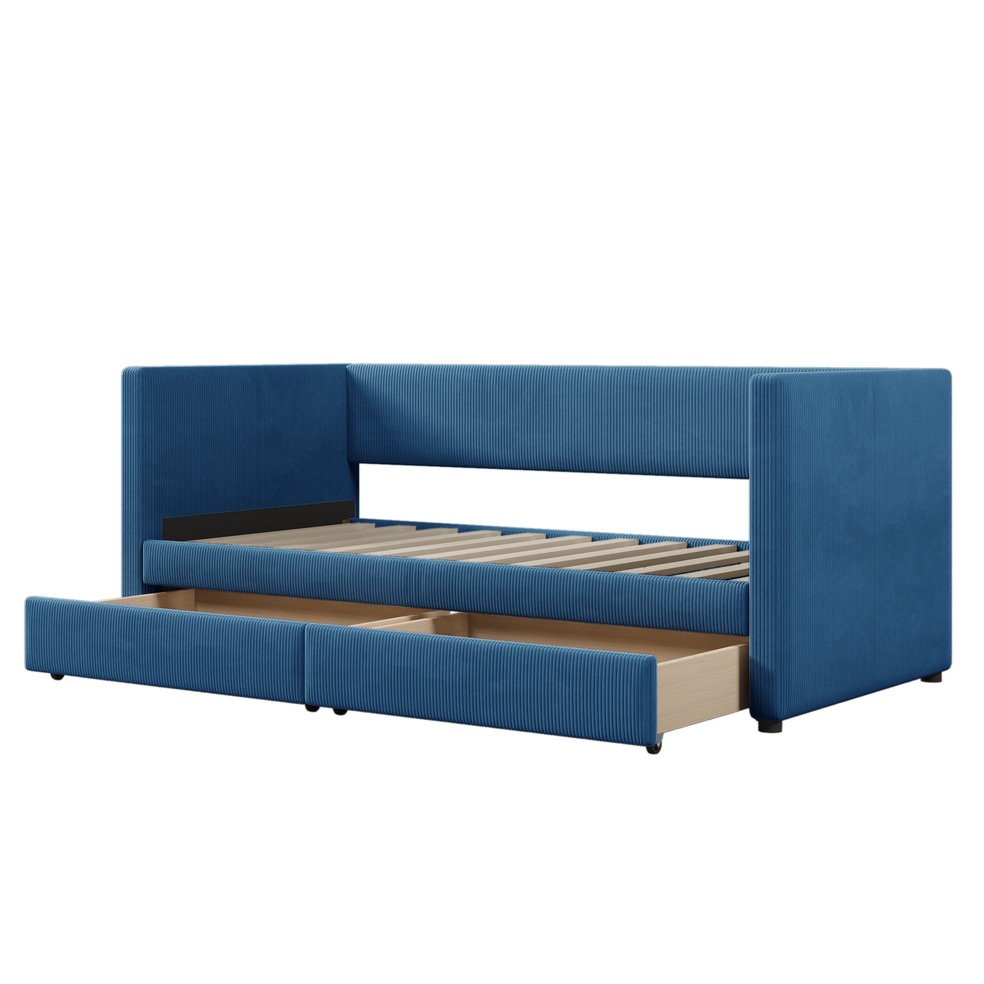 Twin Size Corduroy Daybed with Two Drawers and Wood Slat, Blue - Atlantic Fine Furniture Melbourne FL