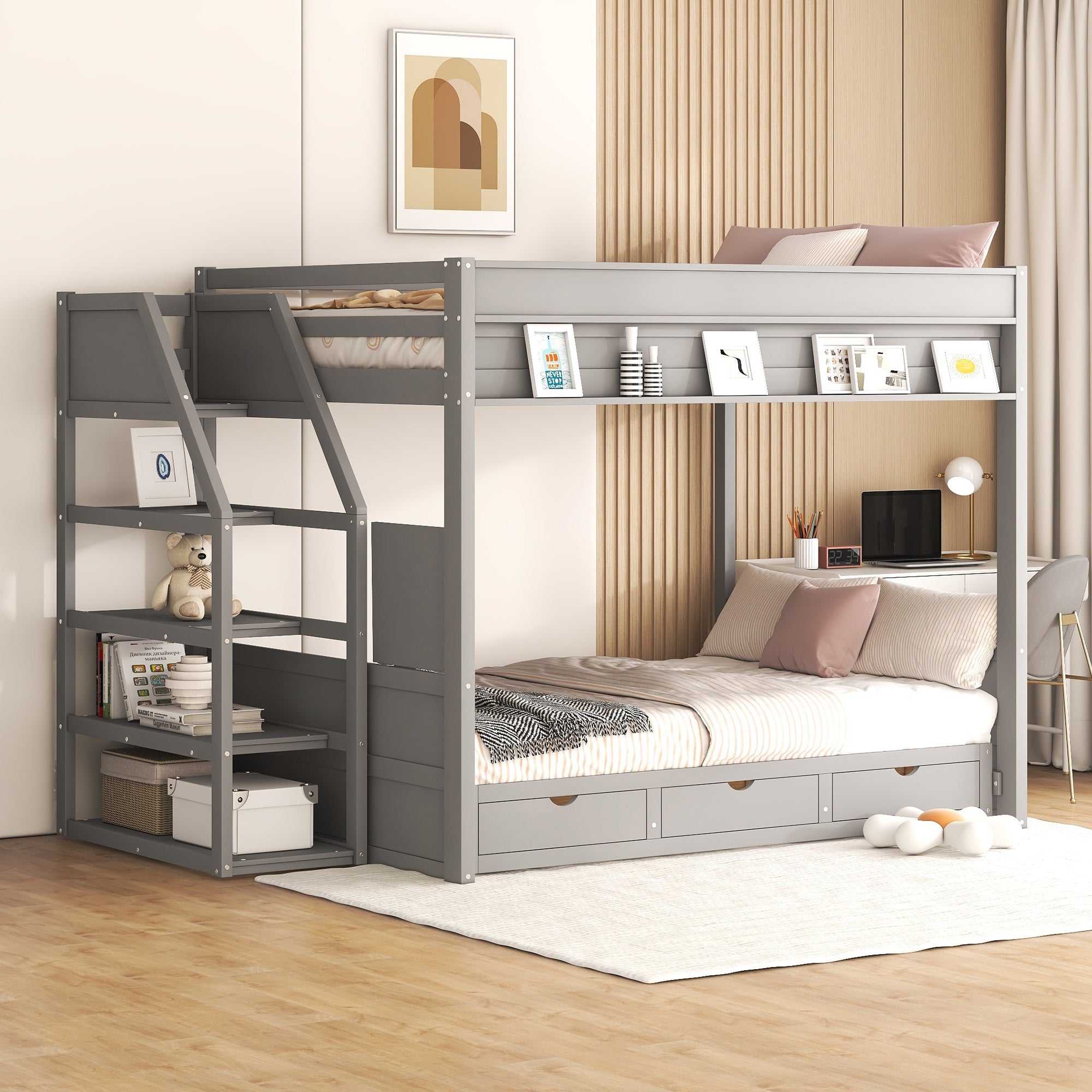 Wood Full Size Convertible Bunk Bed with Storage Staircase, Bedside Table, and 3 Drawers, Gray - Atlantic Fine Furniture Melbourne FL