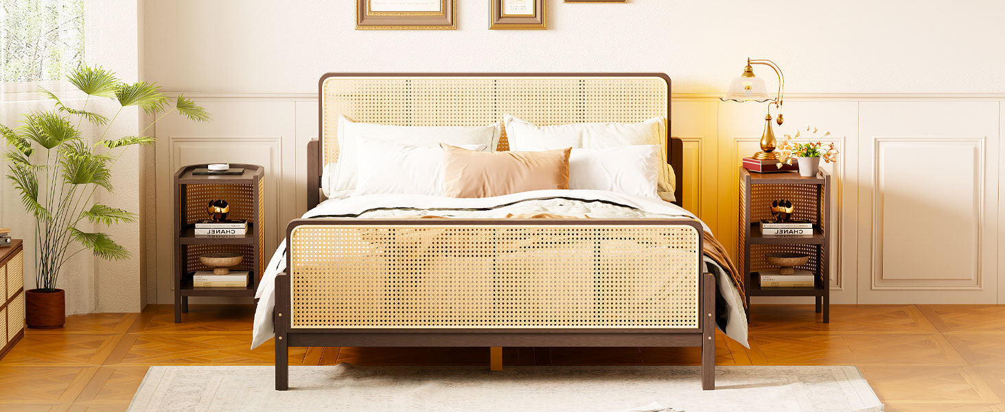 3 Pieces Rattan Platform Full Size Bed With 2 Nightstands,Walnut - Atlantic Fine Furniture Melbourne FL