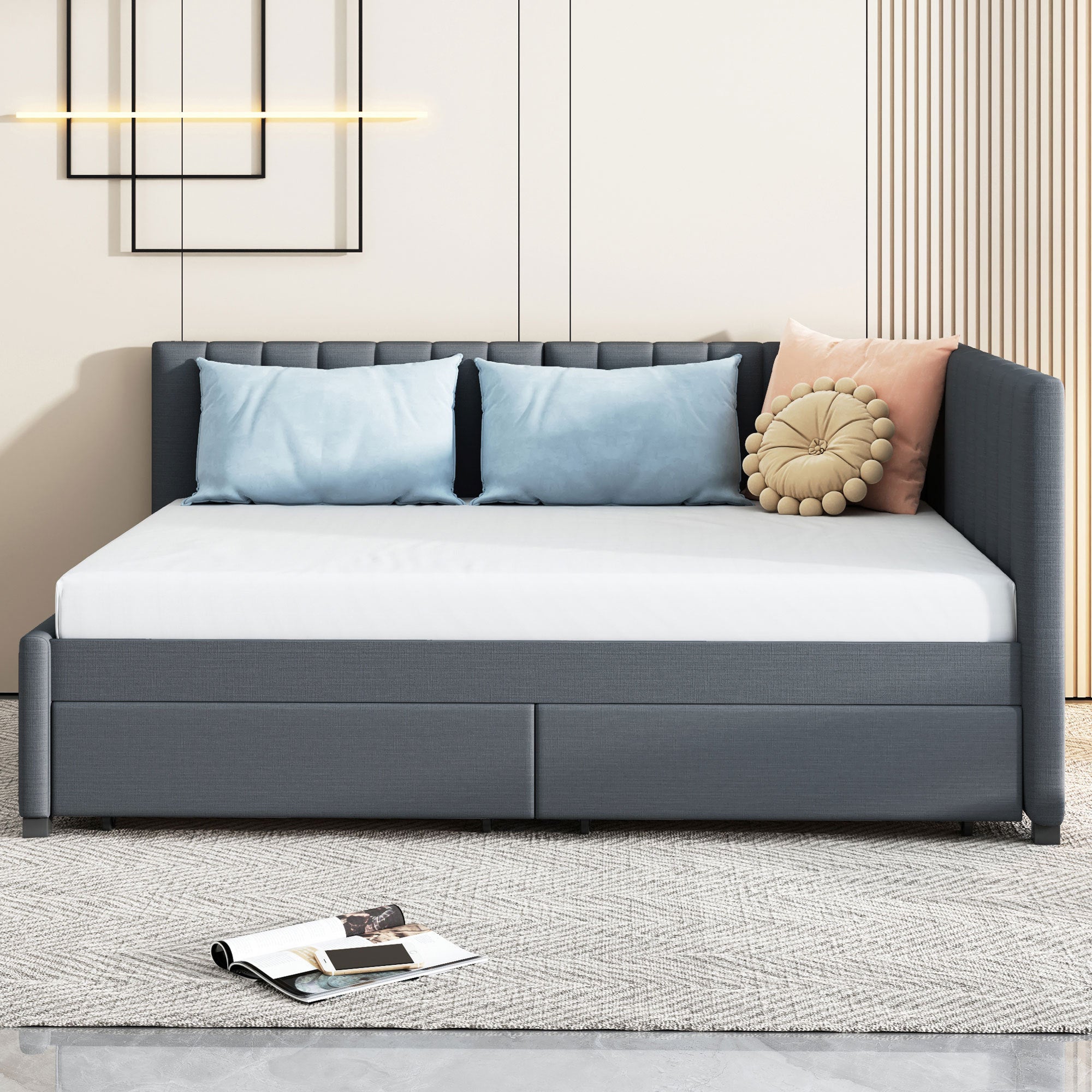 Full Size Upholstered Daybed with 2 Storage Drawers Sofa Bed Frame No Box Spring Needed, Linen Fabric (Gray) - Atlantic Fine Furniture Melbourne FL