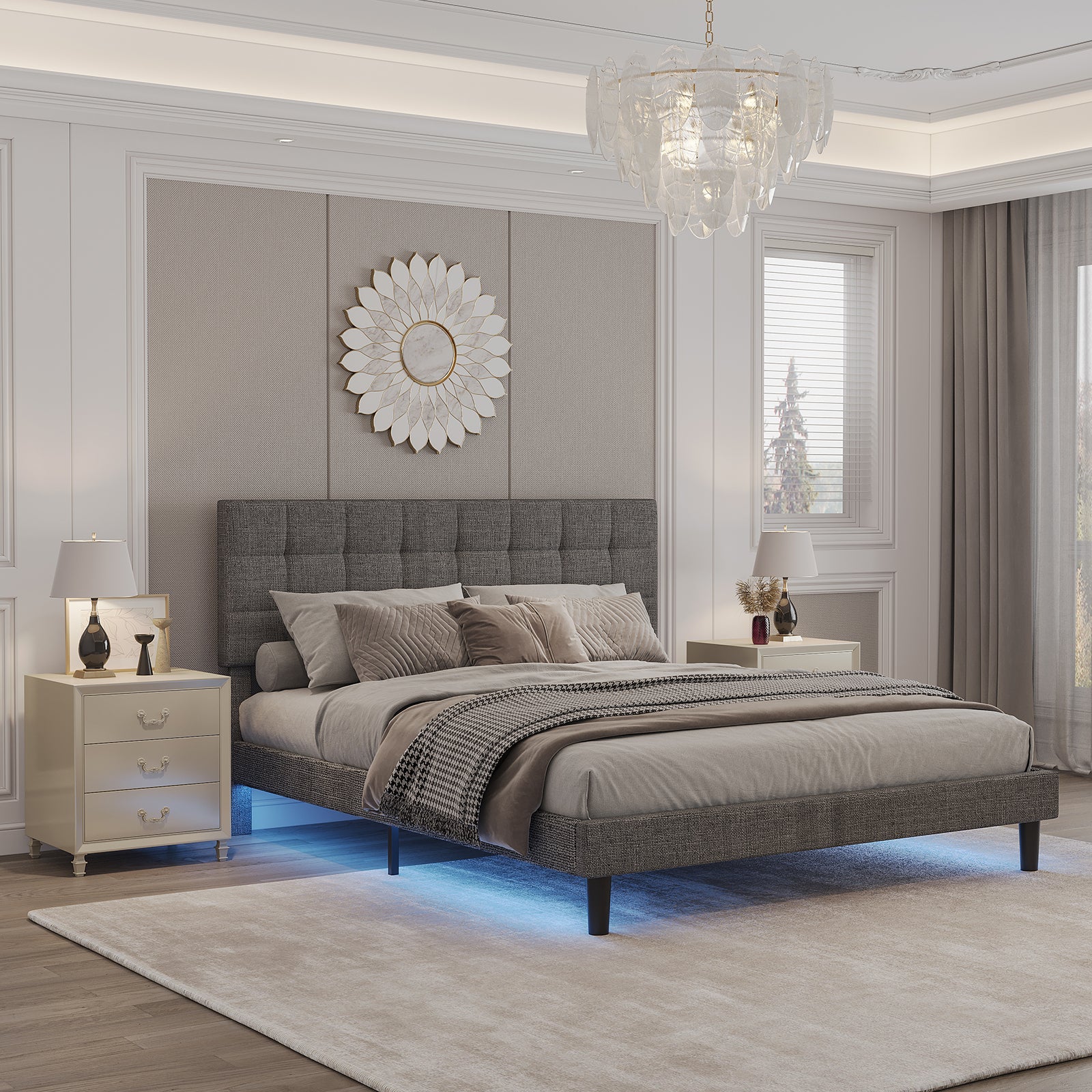 Queen Size Upholstered Platform Bed Linen Bed Frame with Lights Square Stitched Adjustable Headboard Strong Bed Slats System No Box Spring Needed Grey - Atlantic Fine Furniture Melbourne FL