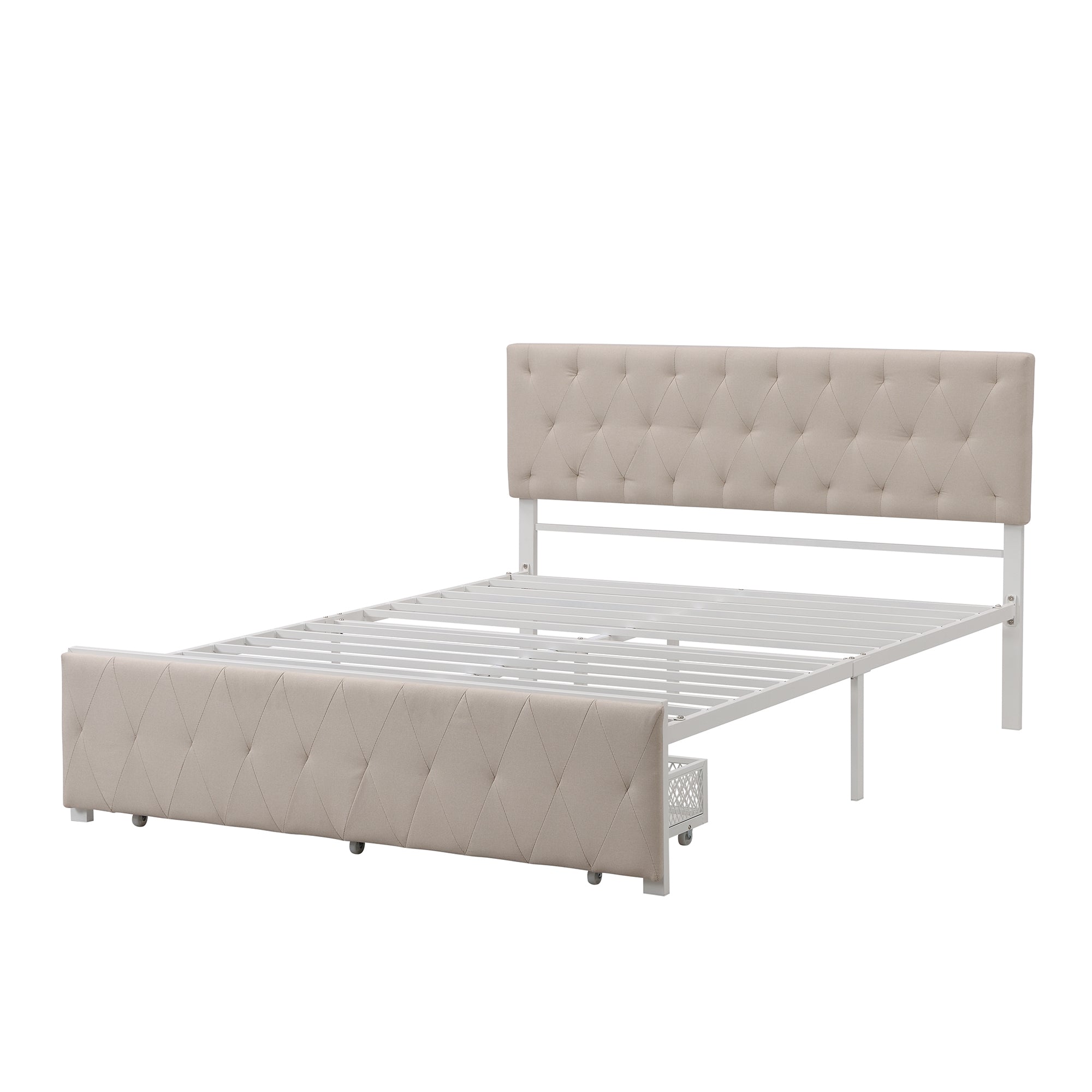 Queen Size Storage Bed Metal Platform Bed with a Big Drawer - Beige