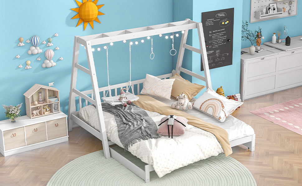 Extendable Twin Daybed with Swing and Ring Handles, White(Twin bed can be pulled out to be King) - Atlantic Fine Furniture Melbourne FL
