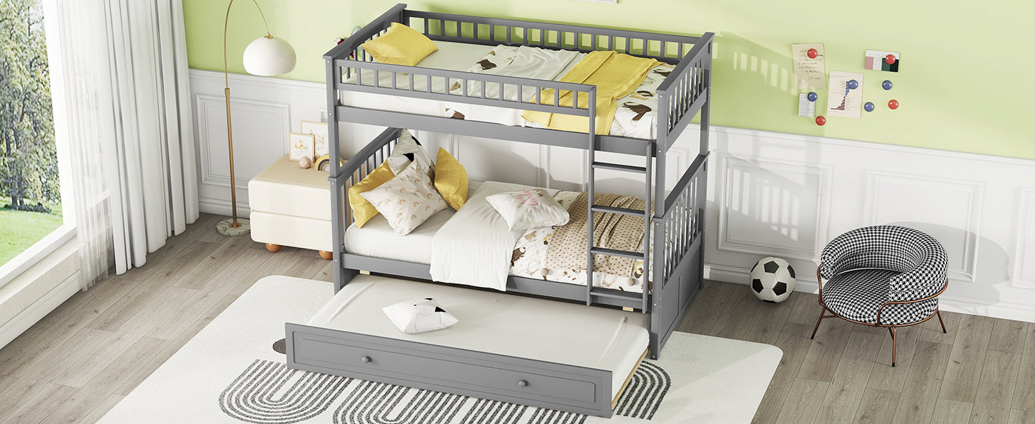 Twin over Twin Bunk Bed with Twin Size Trundle, Convertible Beds, Gray - Atlantic Fine Furniture Melbourne FL