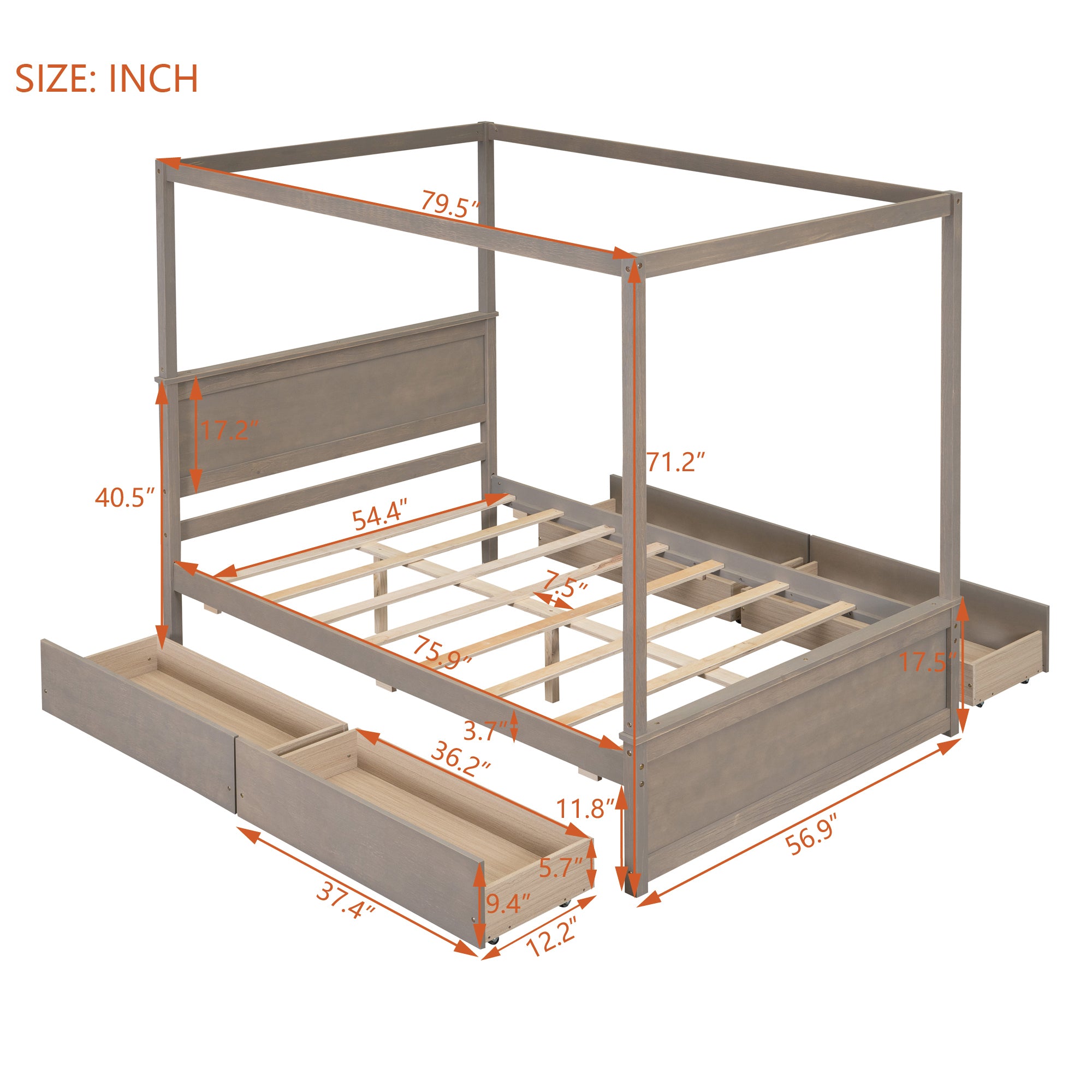Wood Canopy Bed with four Drawers ,Full Size Canopy Platform Bed With Support Slats .No Box Spring Needed, Brushed Light Brown - Atlantic Fine Furniture Melbourne FL