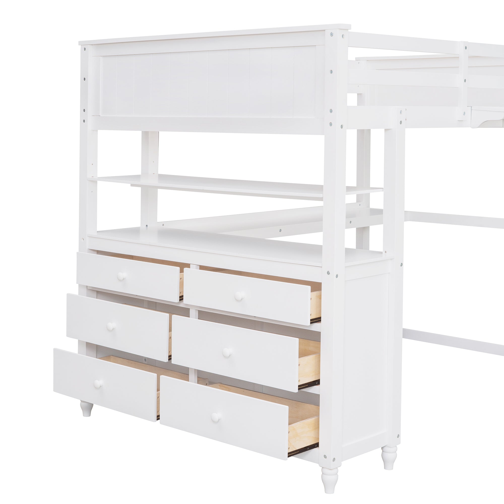 Full size Loft Bed with Drawers and Desk, Wooden Loft Bed with Shelves - White(OLD SKU:LT001529AAK) - Atlantic Fine Furniture Melbourne FL