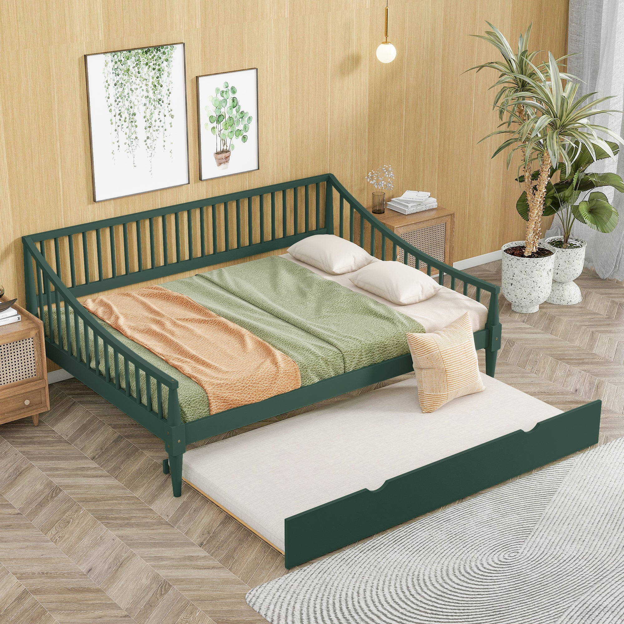 Full Size Daybed with Trundle and Support Legs, Green