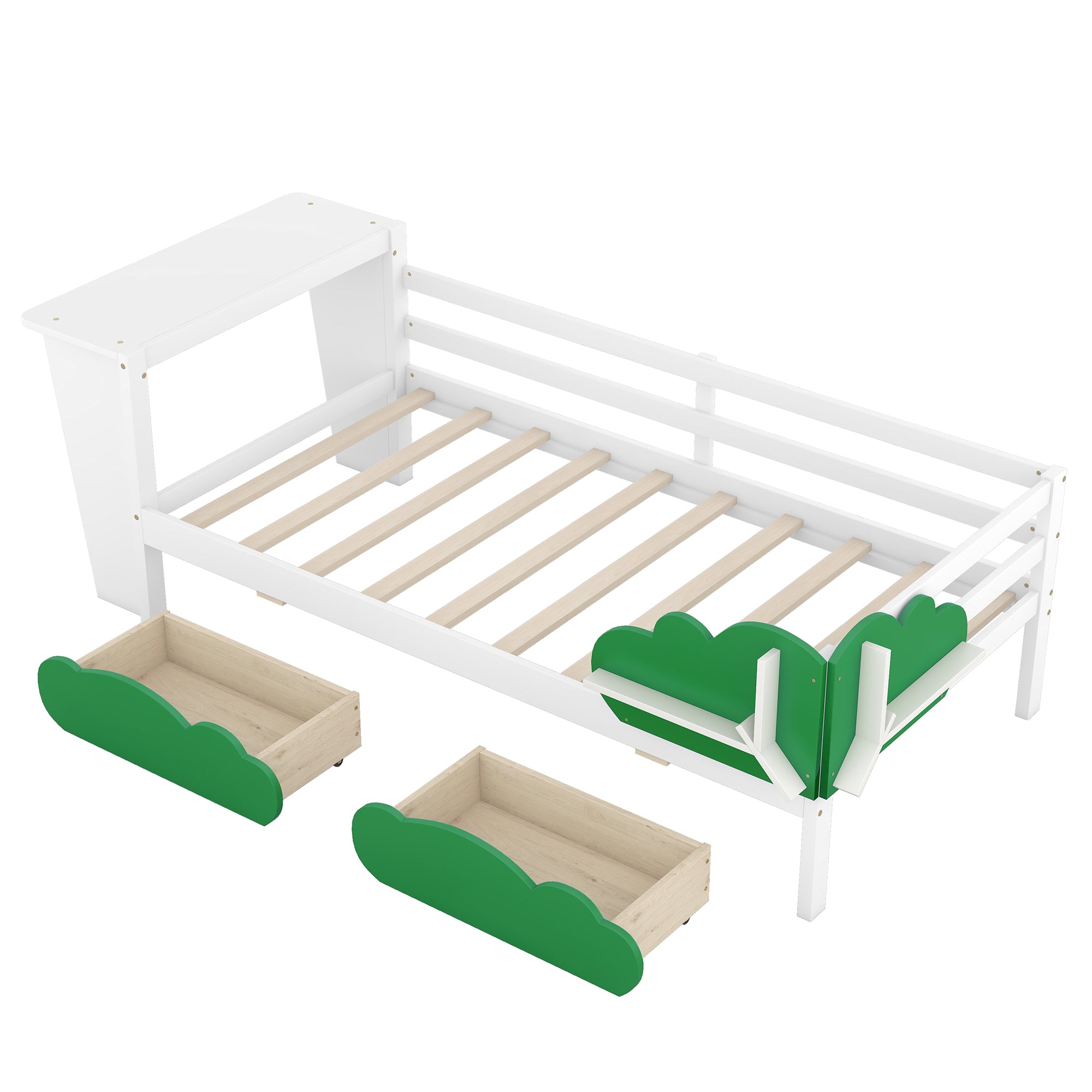Twin Size Daybed with Desk, Green Leaf Shape Drawers and Shelves, White - Atlantic Fine Furniture Melbourne FL