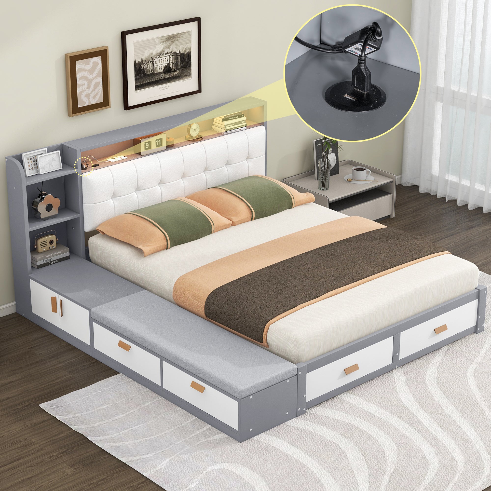 Queen Size Low Profile Platform Bed Frame with Upholstery Headboard and Storage Shelves and Drawers,USB Charging Design,Gray - Atlantic Fine Furniture Melbourne FL