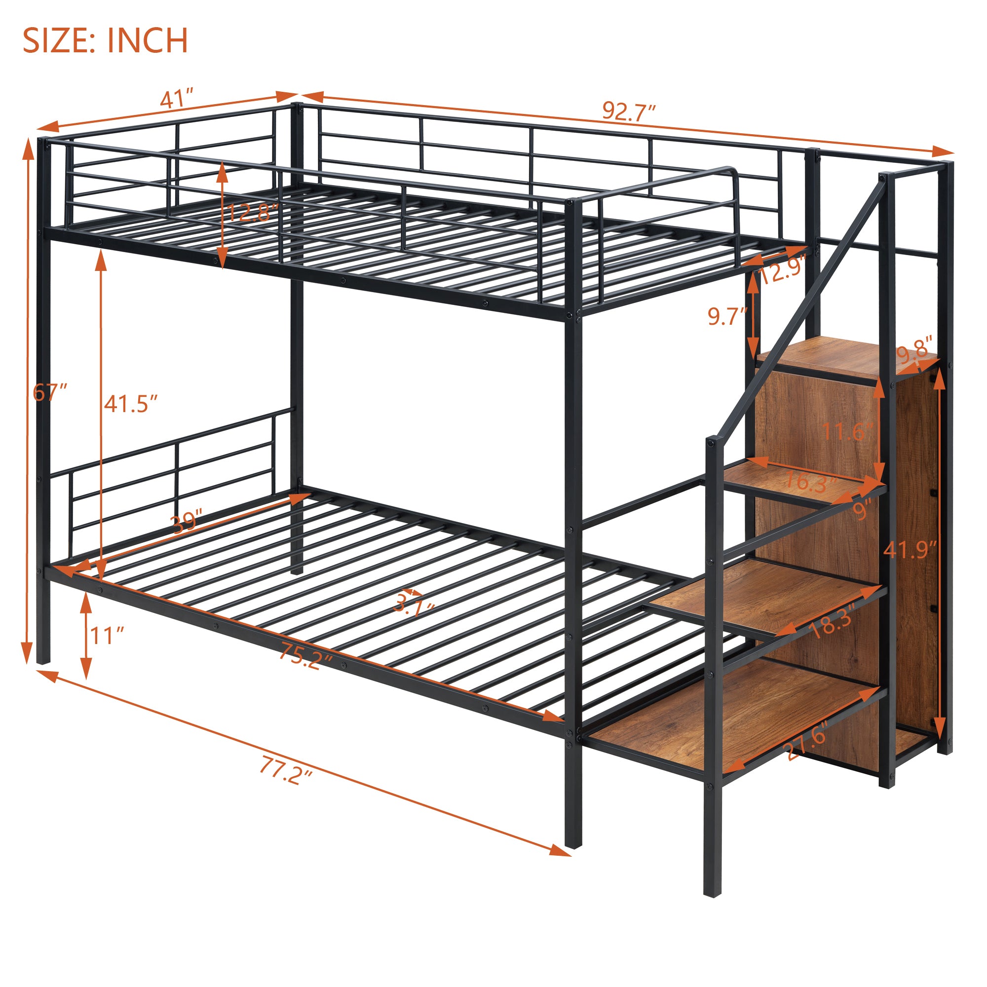 Twin Over Twin Metal Bunk Bed with Lateral Storage Ladder and Wardrobe, Black - Atlantic Fine Furniture Melbourne FL