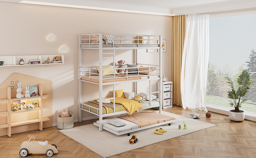 Metal Twin Size Triple Bunk Bed With Trundle, White
