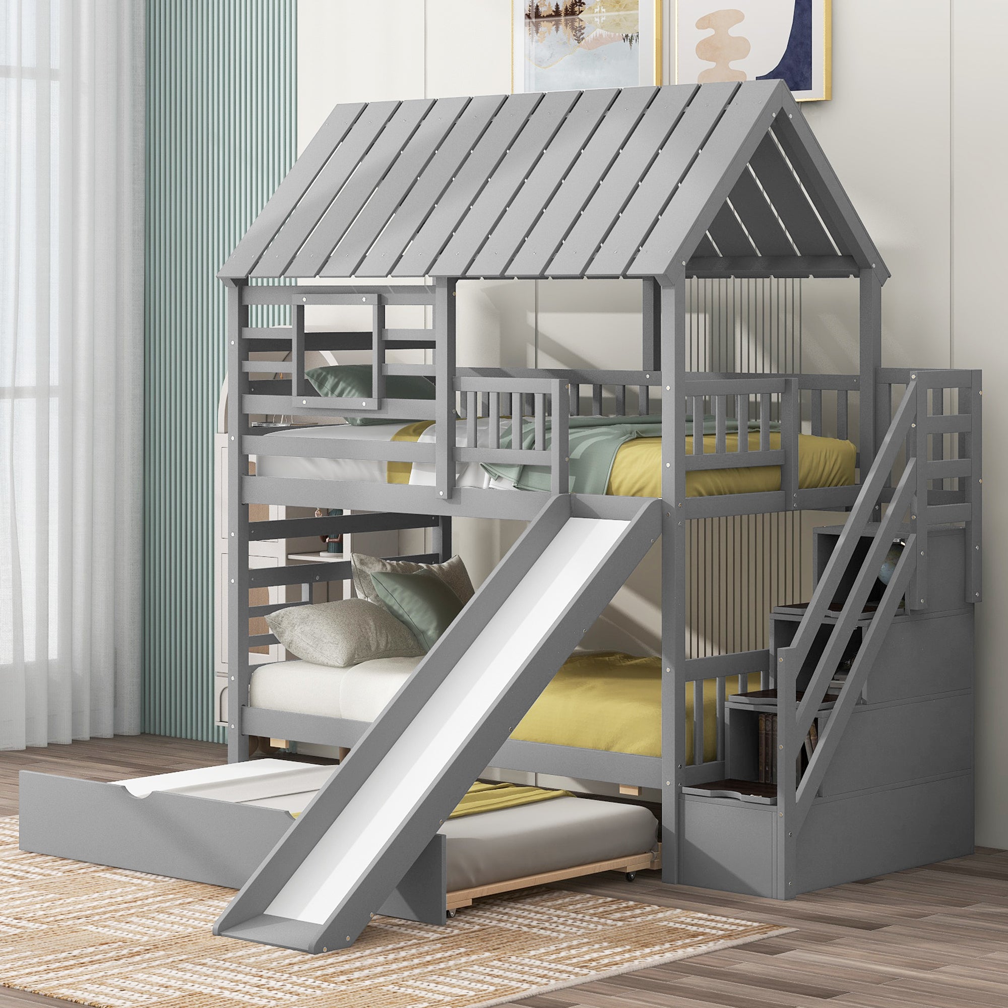 Twin over Twin House Bunk Bed with Trundle and Slide, Storage Staircase, Roof and Window Design, Gray(Old SKU: GX000931AAE) - Atlantic Fine Furniture Melbourne FL