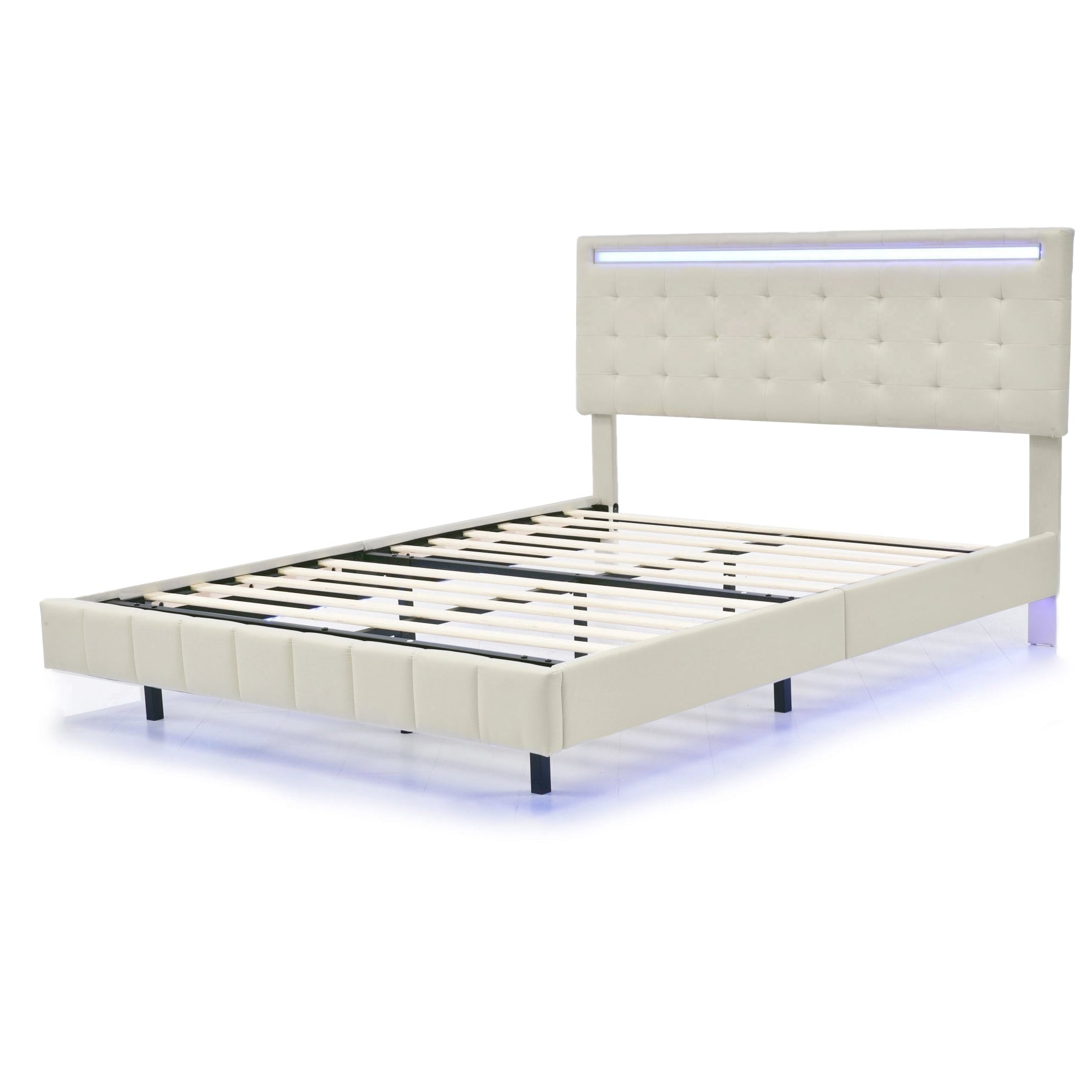 Queen Size Floating Bed Frame with LED Lights and USB Charging,Modern Upholstered Platform LED Bed Frame,Beige - Atlantic Fine Furniture Melbourne FL