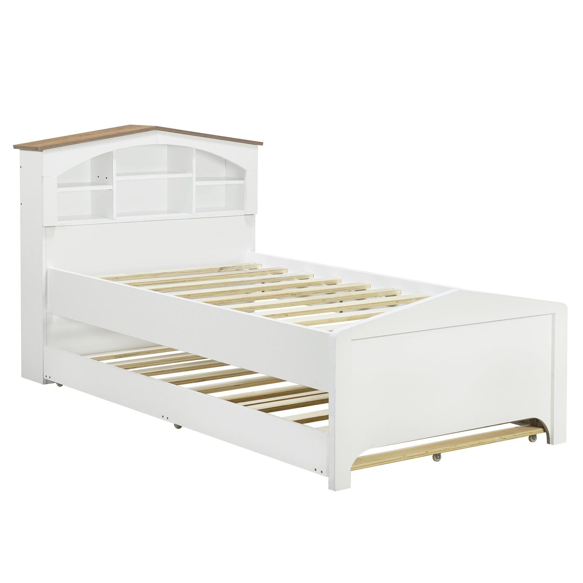 Twin Size Wood Platform Bed with House-shaped Storage Headboard and Trundle, White - Atlantic Fine Furniture Melbourne FL