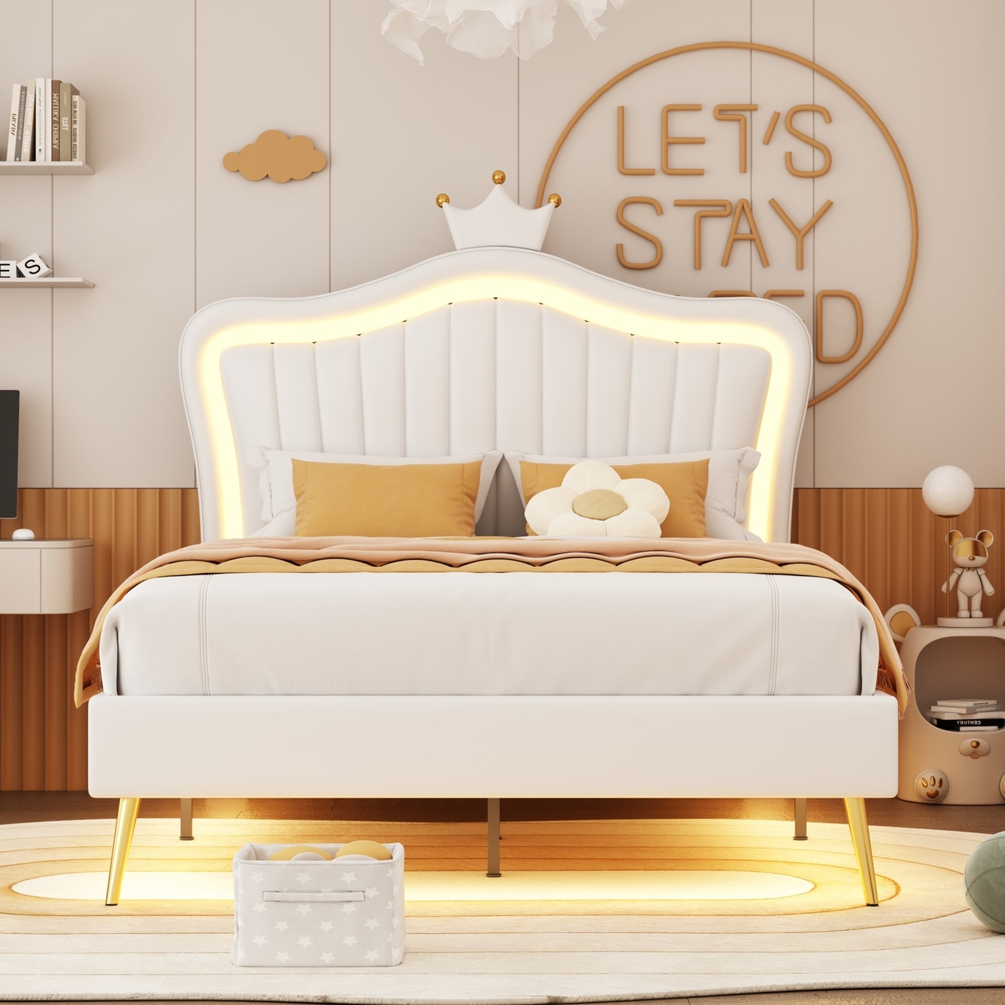 Full Size Upholstered Bed Frame with LED Lights,Modern Upholstered Princess Bed With Crown Headboard,White - Atlantic Fine Furniture Melbourne FL