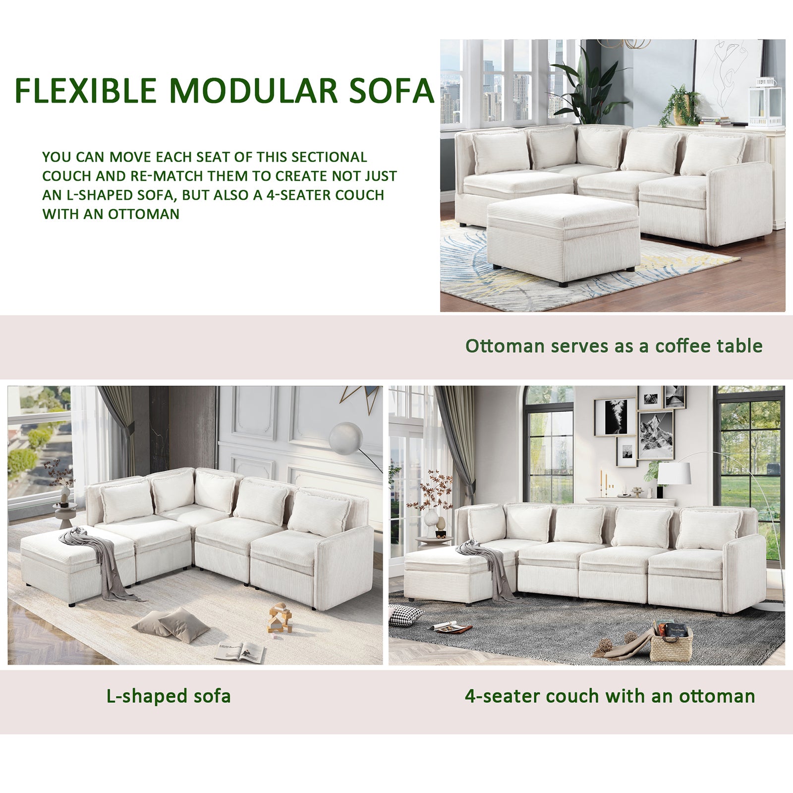 Modular Corduroy Sectional Sofa, Convertible L Shaped Couch Sofa with Storage, 5 Seat Sofa Couch for Living Room, Beige