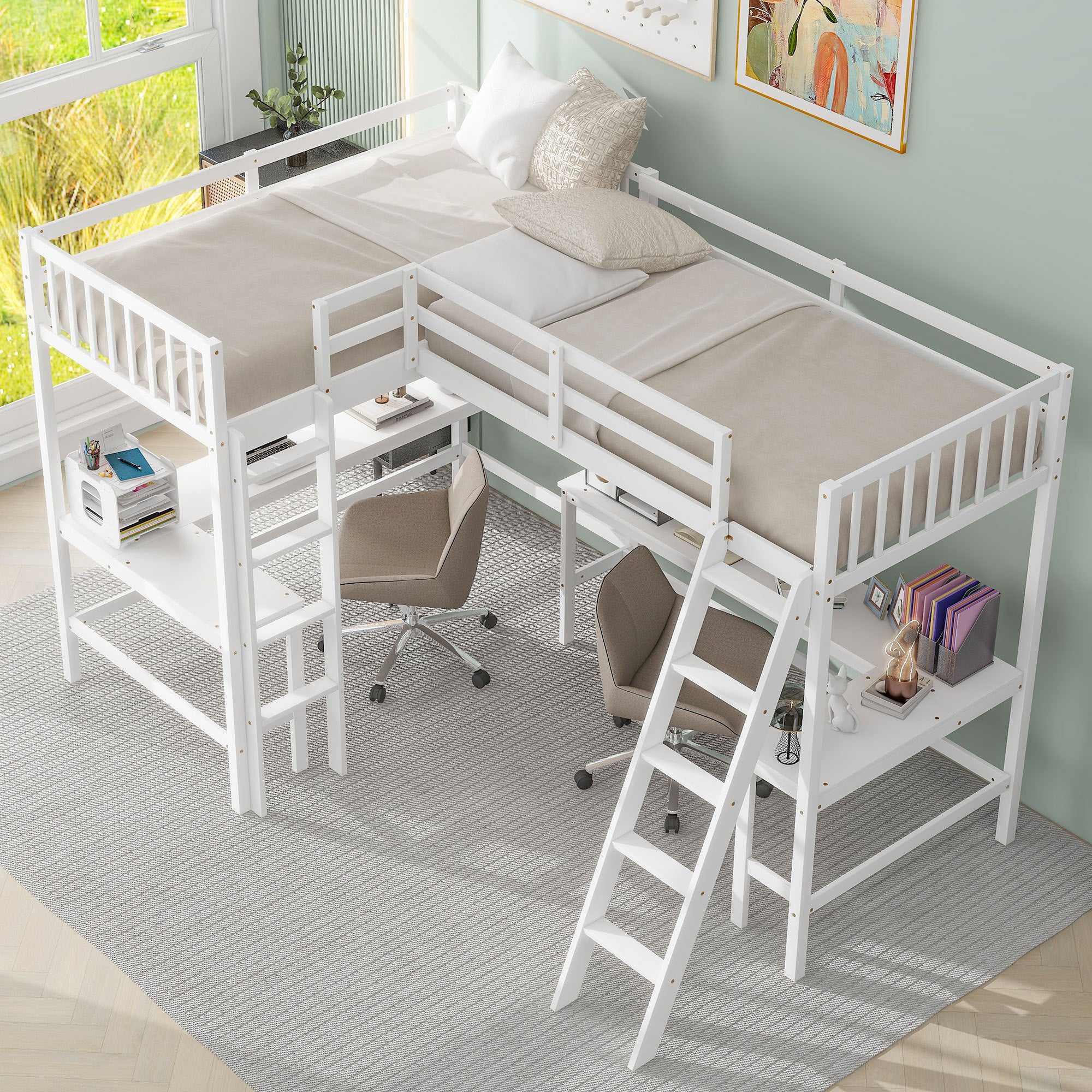 Wood Twin Size L-Shaped Loft Bed with Ladder and 2 Built-in L-Shaped Desks, White - Atlantic Fine Furniture Melbourne FL