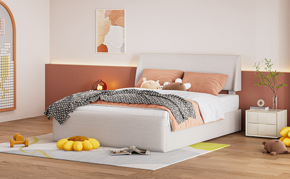 Queen Size Sleigh Bed with Side-Tilt Hydraulic Storage System, Linen Upholstery, Beige - Atlantic Fine Furniture Melbourne FL
