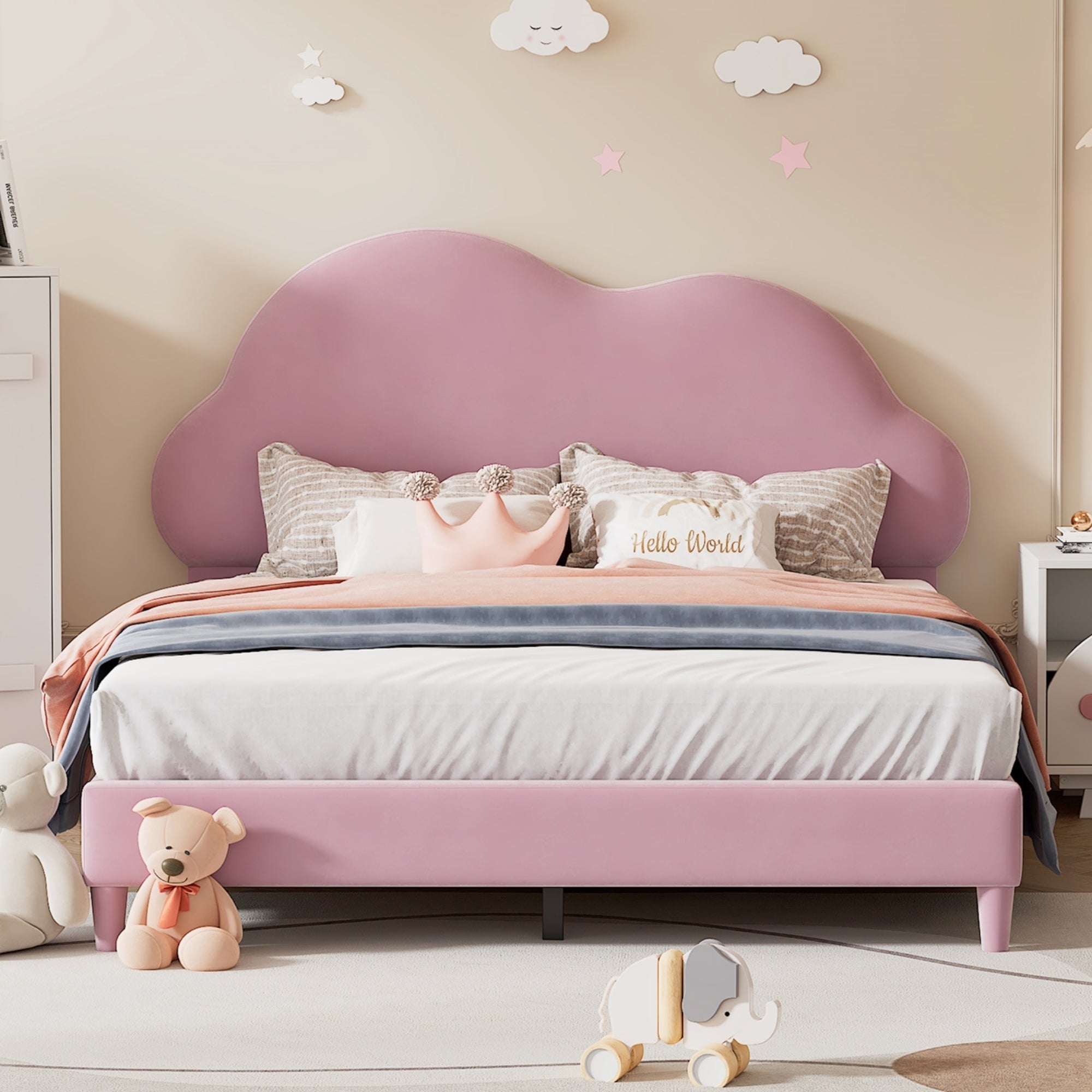 Full size Upholstered Cloud-Shape Bed ,Velvet Platform Bed with Headboard,No Box-spring Needed,Pink - Atlantic Fine Furniture Melbourne FL
