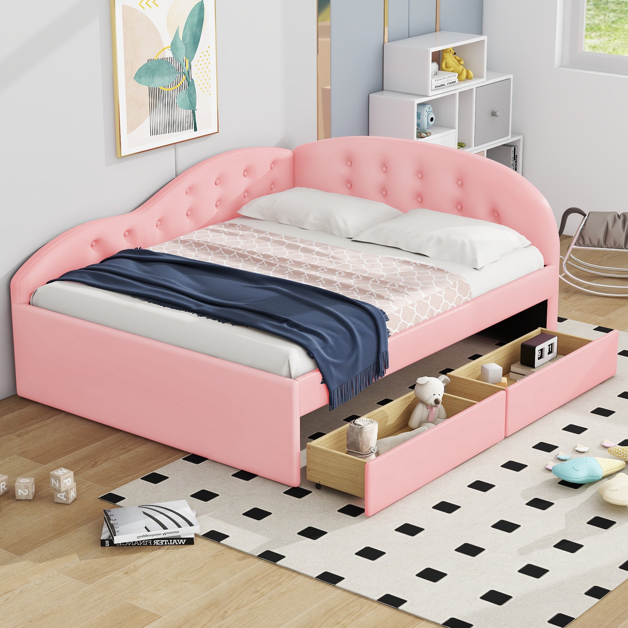 Full Size PU Upholstered Tufted Daybed with Two Drawers and Cloud Shaped Guardrail, Pink - Atlantic Fine Furniture Melbourne FL