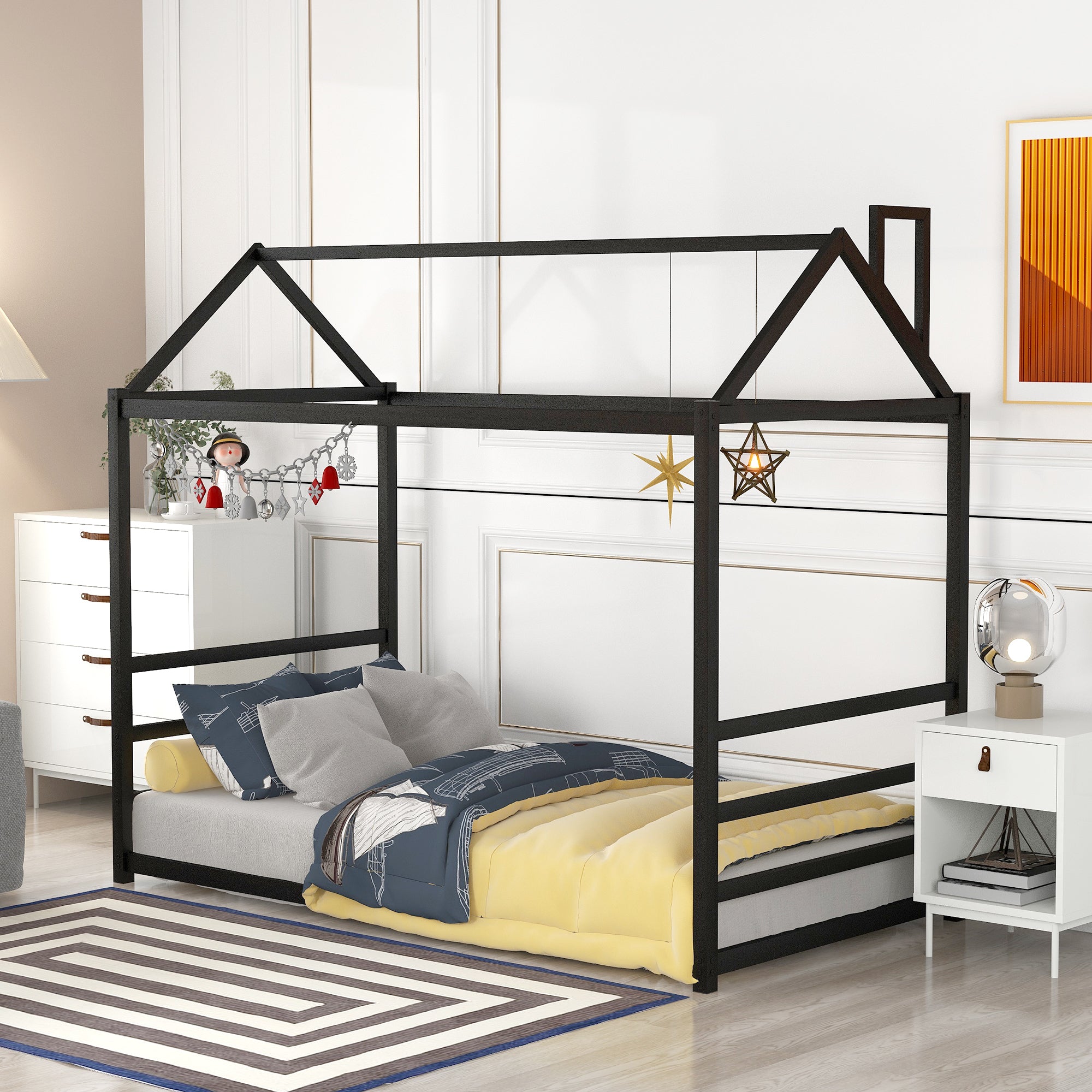 House Platform Bed with Roof and Chimney Design,Black - Atlantic Fine Furniture Melbourne FL