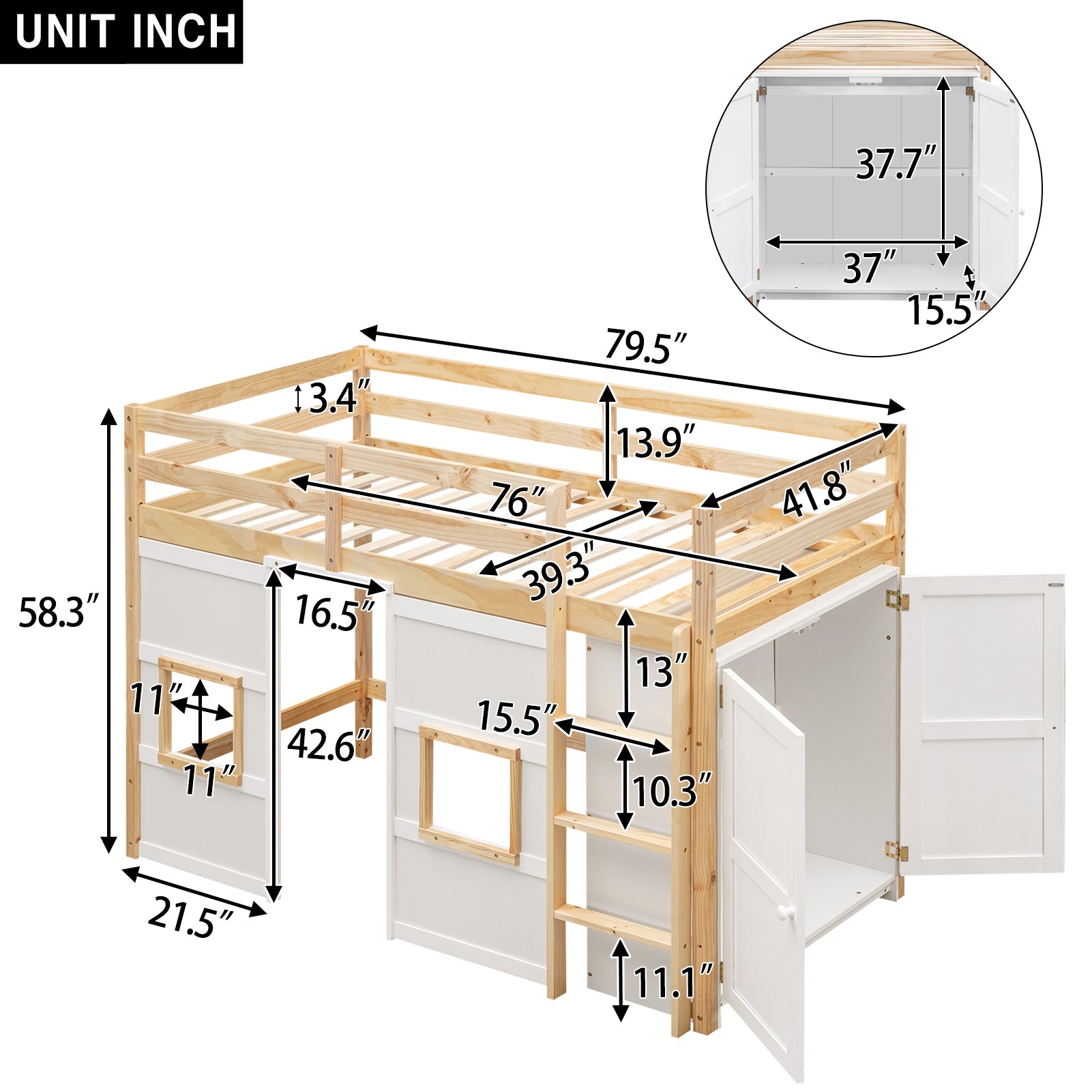 Wood Twin Size Loft Bed with Built-in Storage Wardrobe and 2 Windows, Natural/White - Atlantic Fine Furniture Melbourne FL