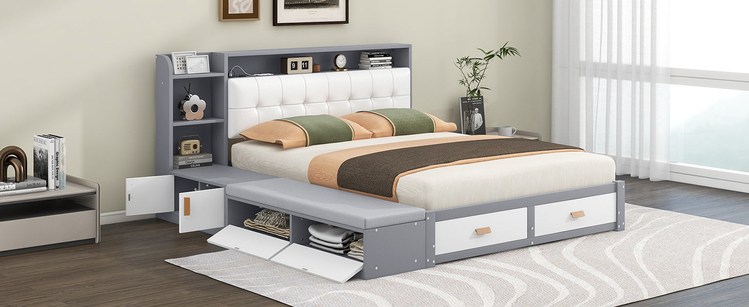 Queen Size Low Profile Platform Bed Frame with Upholstery Headboard and Storage Shelves and Drawers,USB Charging Design,Gray - Atlantic Fine Furniture Melbourne FL