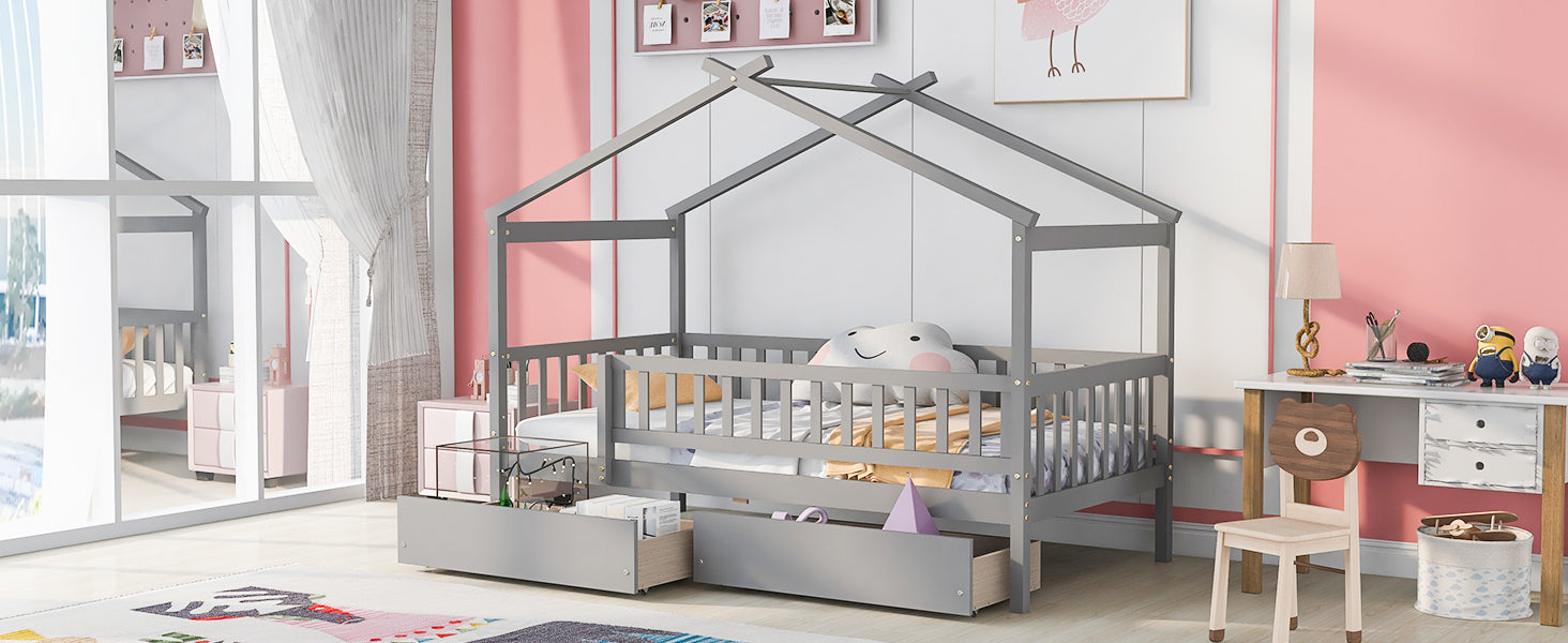 Twin Size Wooden House Bed with Two Drawers, Gray - Atlantic Fine Furniture Melbourne FL