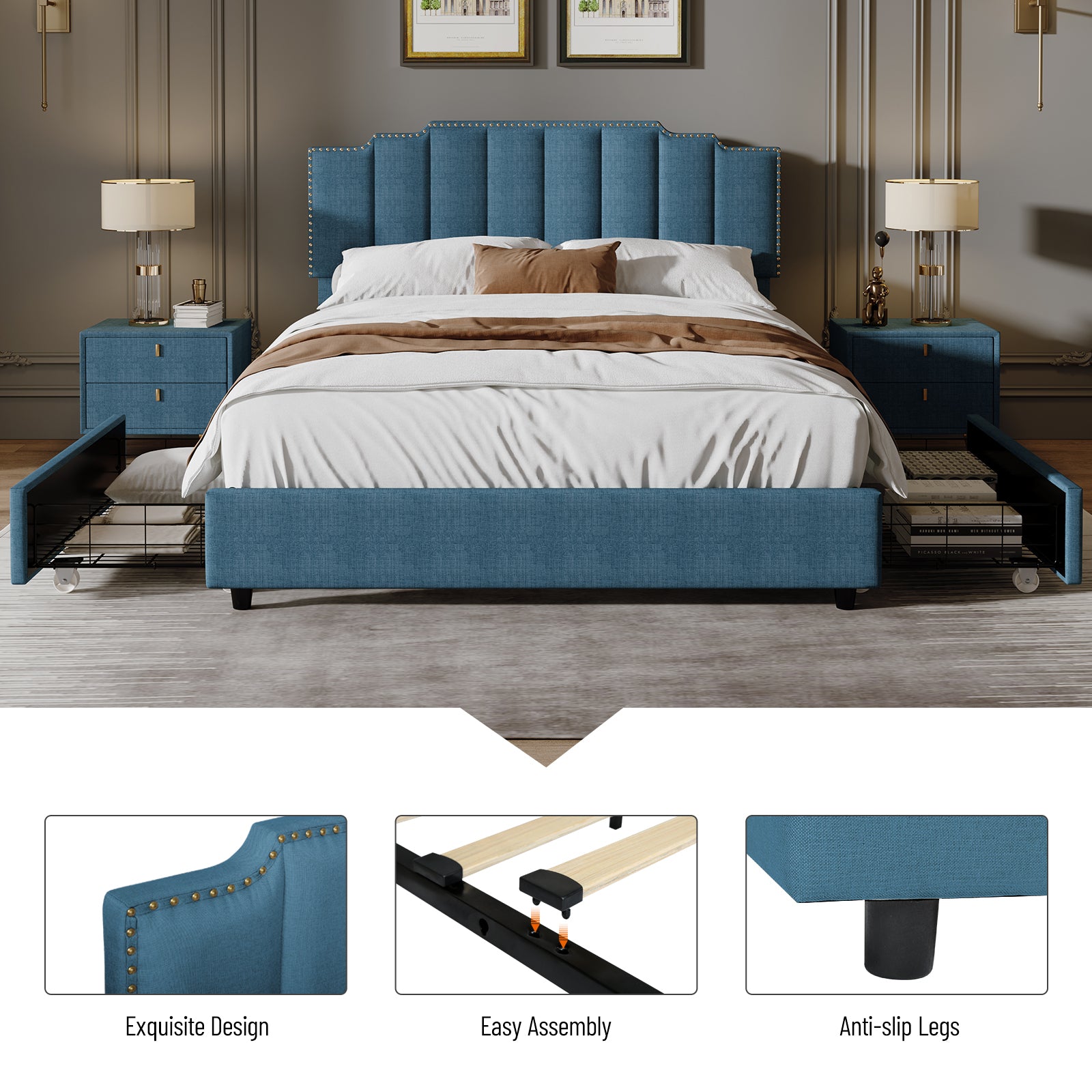 Queen Size Upholstered Platform Bed Linen Bed Frame with 2 Drawers Stitched Padded Headboard with Rivets Design Strong Bed Slats System No Box Spring Needed Blue - Atlantic Fine Furniture Melbourne FL