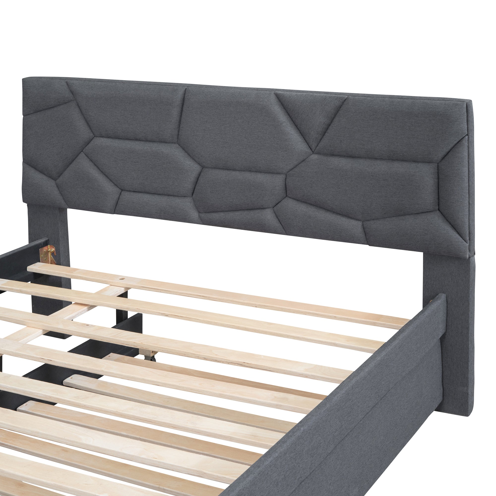 Full Size Upholstered Platform Bed with Brick Pattern Headboard and Twin Size Trundle, Linen Fabric, Gray - Atlantic Fine Furniture Melbourne FL