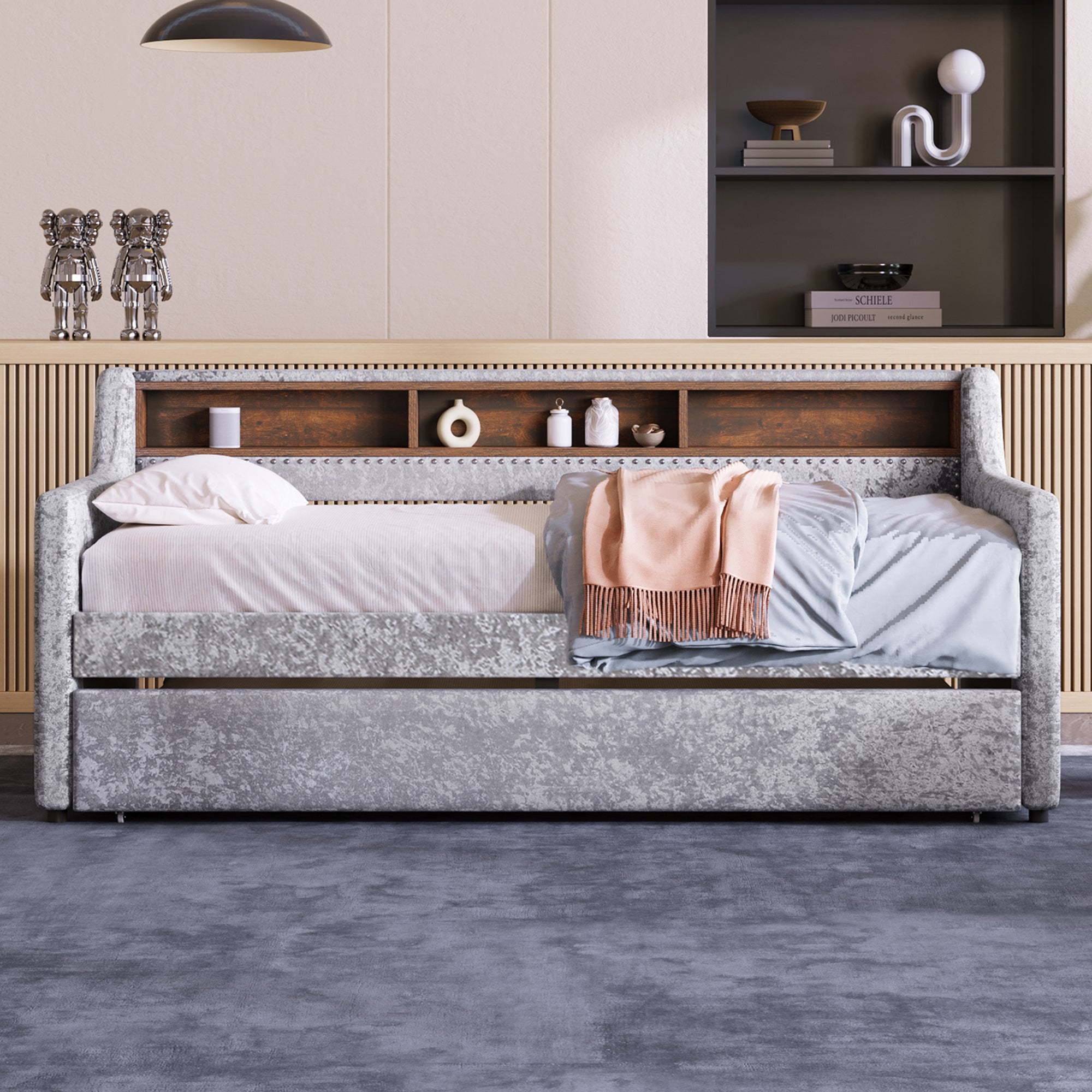 Twin Size Snowflake Velvet Daybed with Trundle and Built-in Storage Shelves,Gray - Atlantic Fine Furniture Melbourne FL