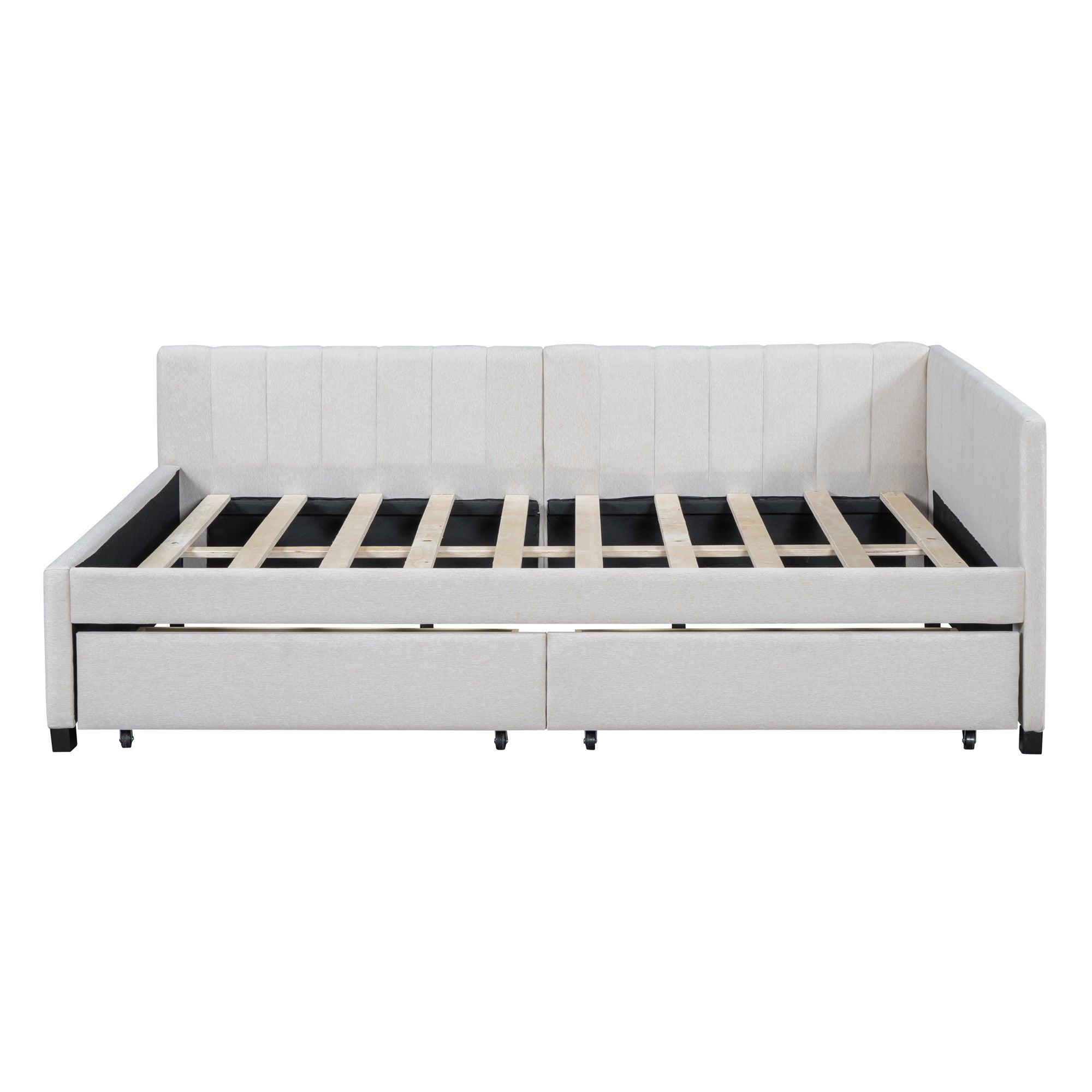 Full Size Upholstered Daybed with 2 Storage Drawers Sofa Bed Frame No Box Spring Needed, Linen Fabric (Beige) - Atlantic Fine Furniture Melbourne FL
