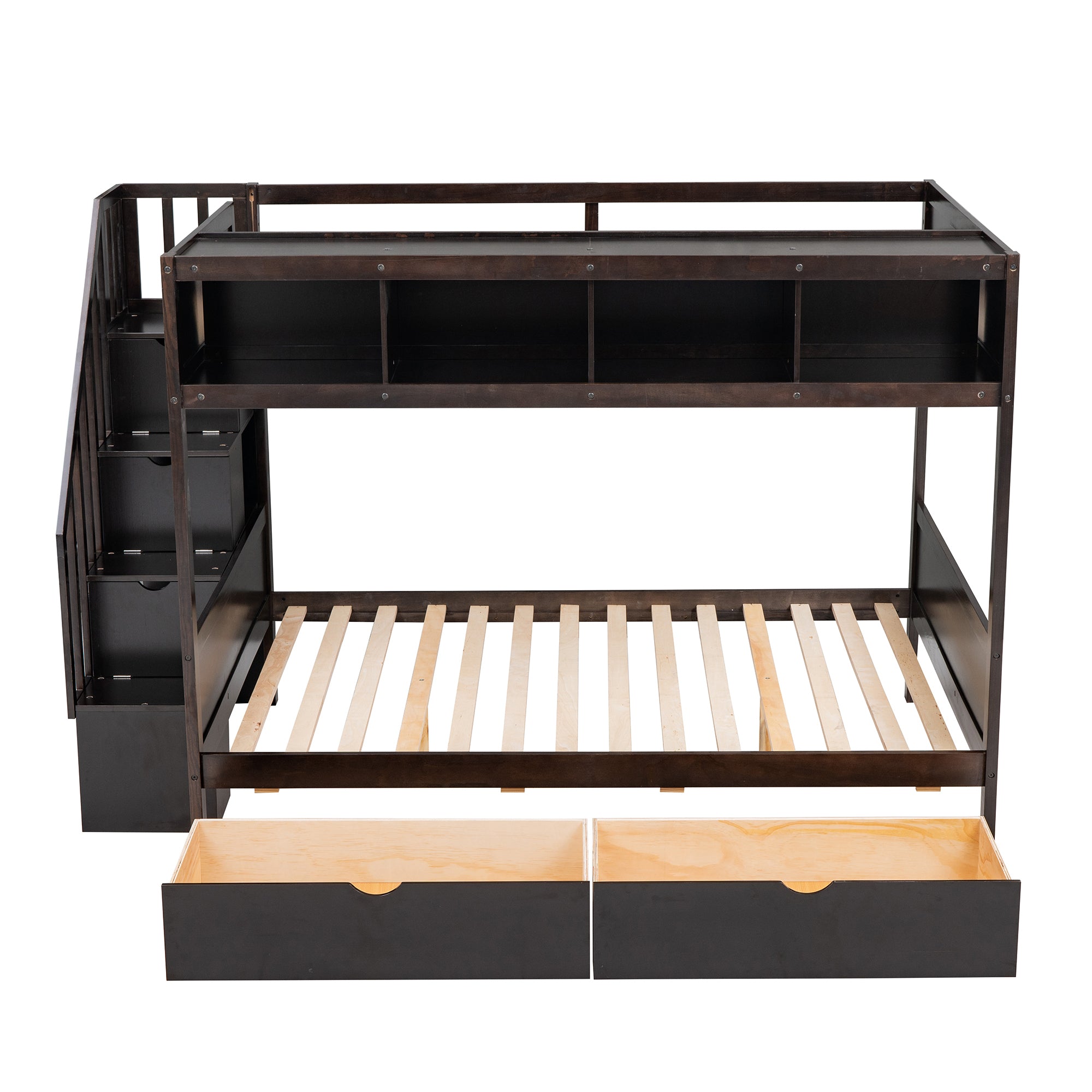 Twin over Full Bunk Bed with Shelfs, Storage Staircase and 2 Drawers, Espresso - Atlantic Fine Furniture Melbourne FL