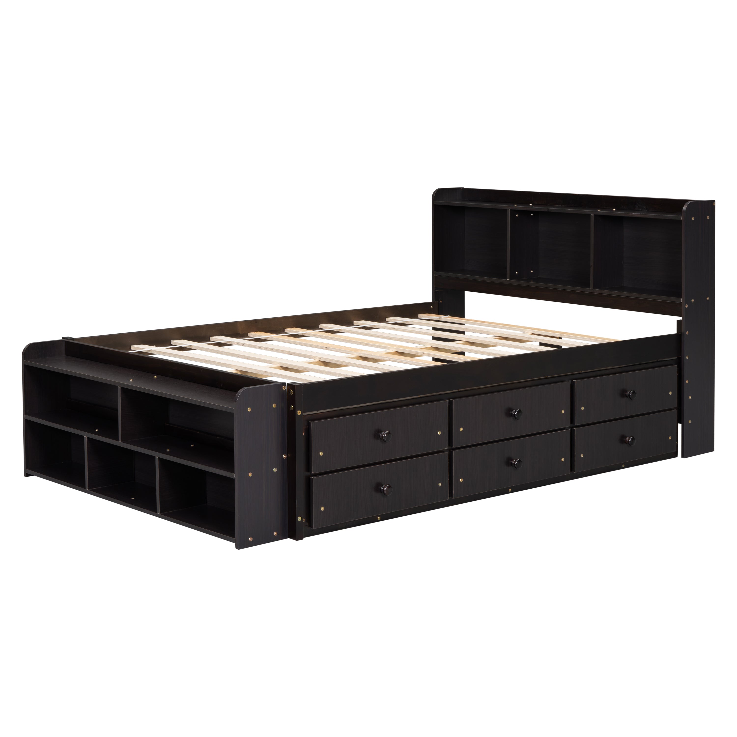 Full Bed with Bookcase Headboard, Under bed Storage Drawers and Bed End Storage Case,Espresso