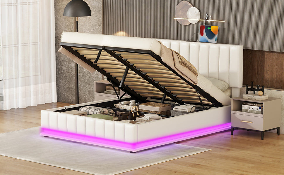 Queen Size Upholstered Bed with Hydraulic Storage System and LED Light, Modern Platform Bed with Sockets and USB Ports, White - Atlantic Fine Furniture Melbourne FL