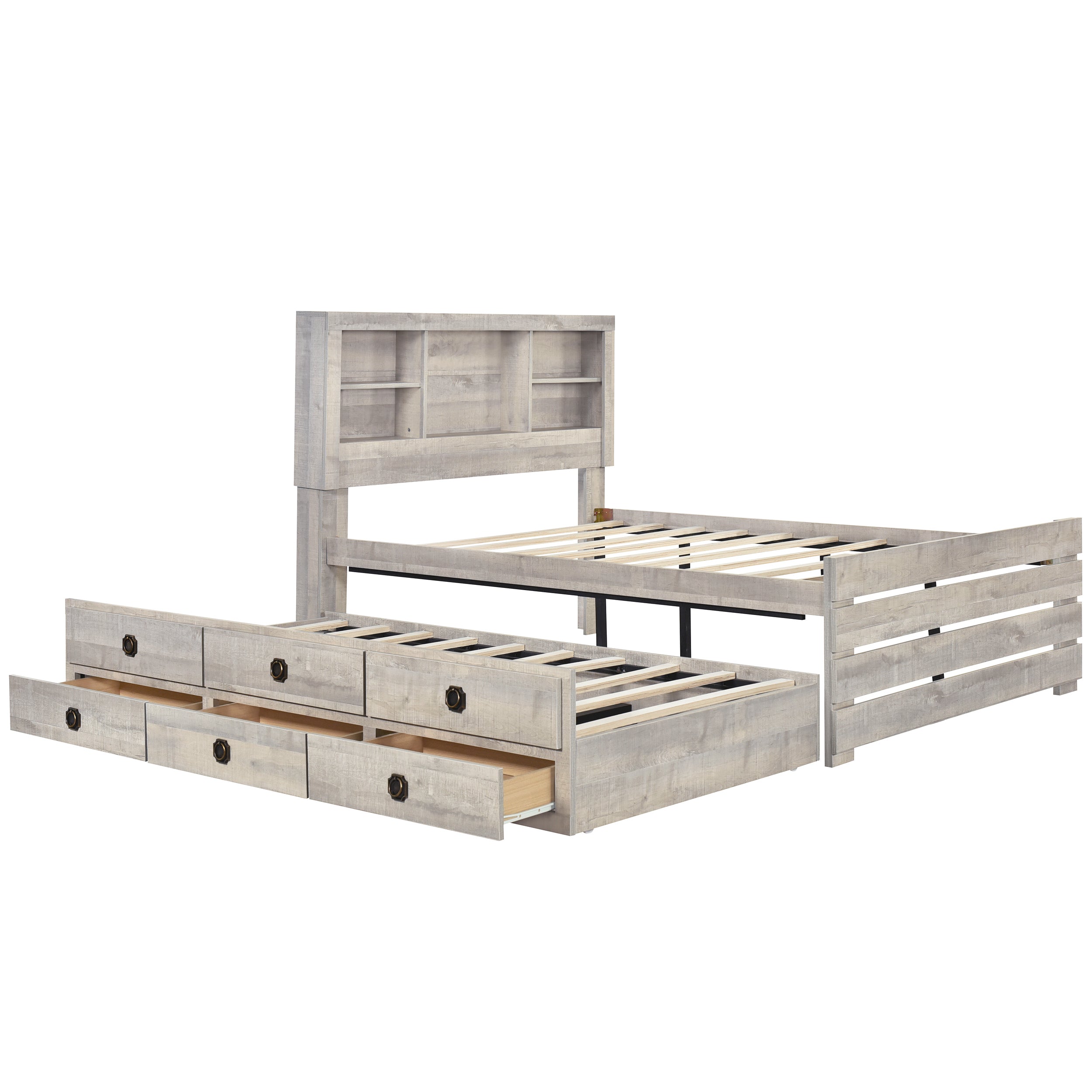 Farmhouse Style Twin Size Bookcase Captain Bed with Three Drawers and Trundle, Rustic White - Atlantic Fine Furniture Melbourne FL
