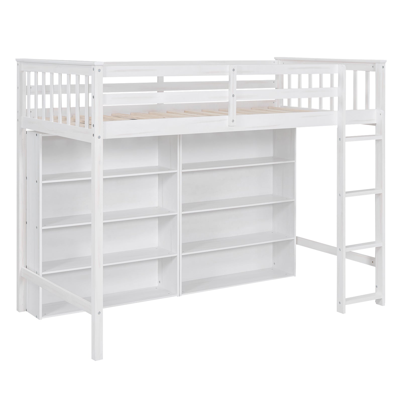 Twin Size Loft Bed with 8 Open Storage Shelves and Built-in Ladder, White - Atlantic Fine Furniture Melbourne FL